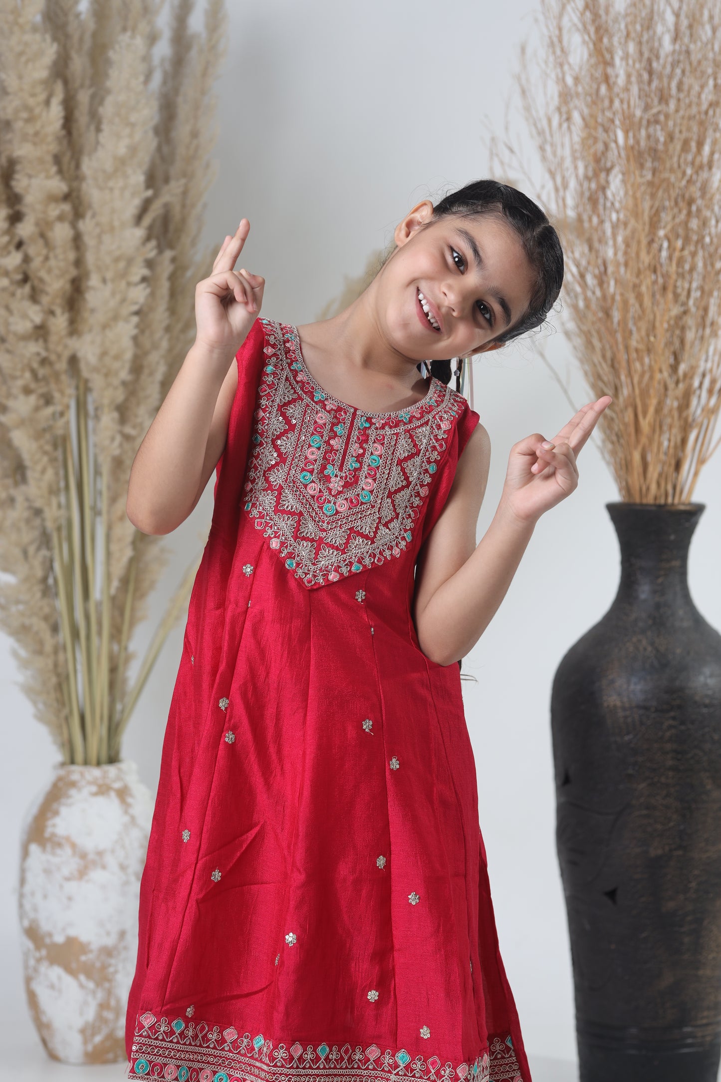 Girls Embroidered Red Meheroon Three-Piece Suit