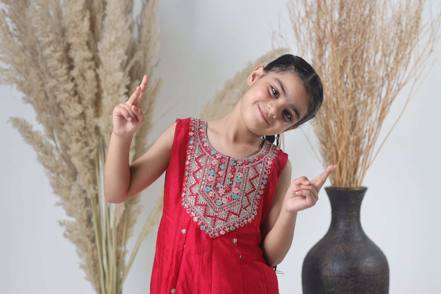 Girls Embroidered Red Meheroon Three-Piece Suit
