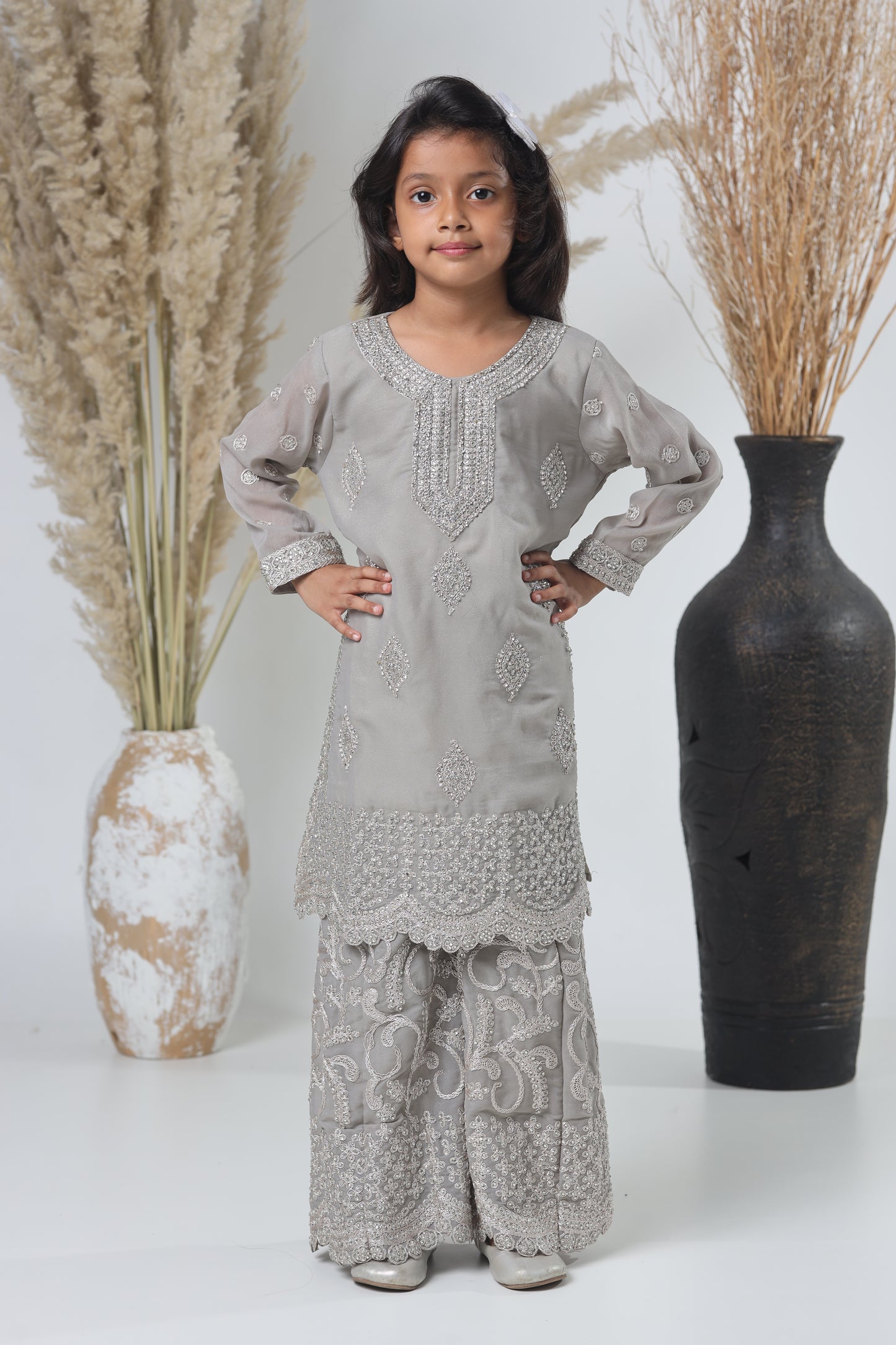 Grey Pakistani Garara Suit for Girls