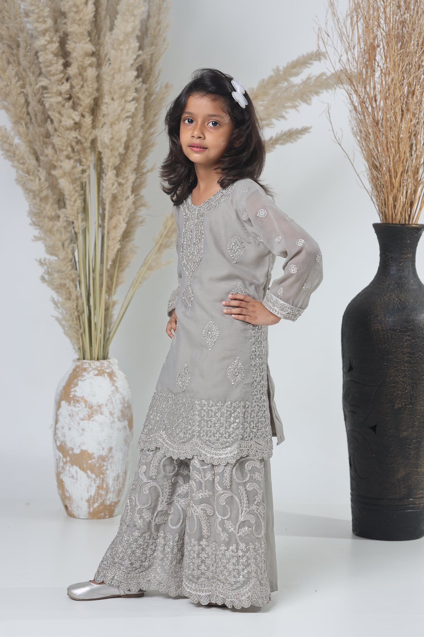 Grey Pakistani Garara Suit for Girls