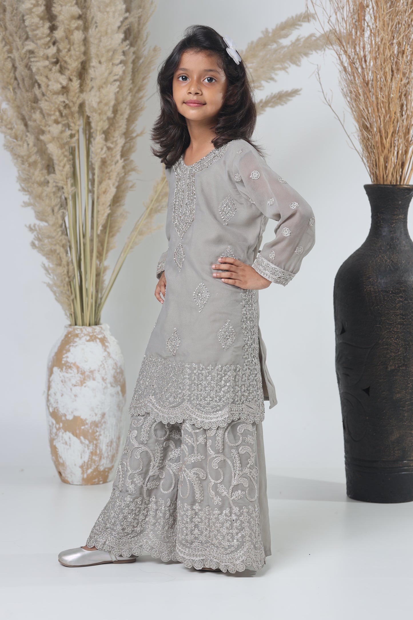 Grey Pakistani Garara Suit for Girls