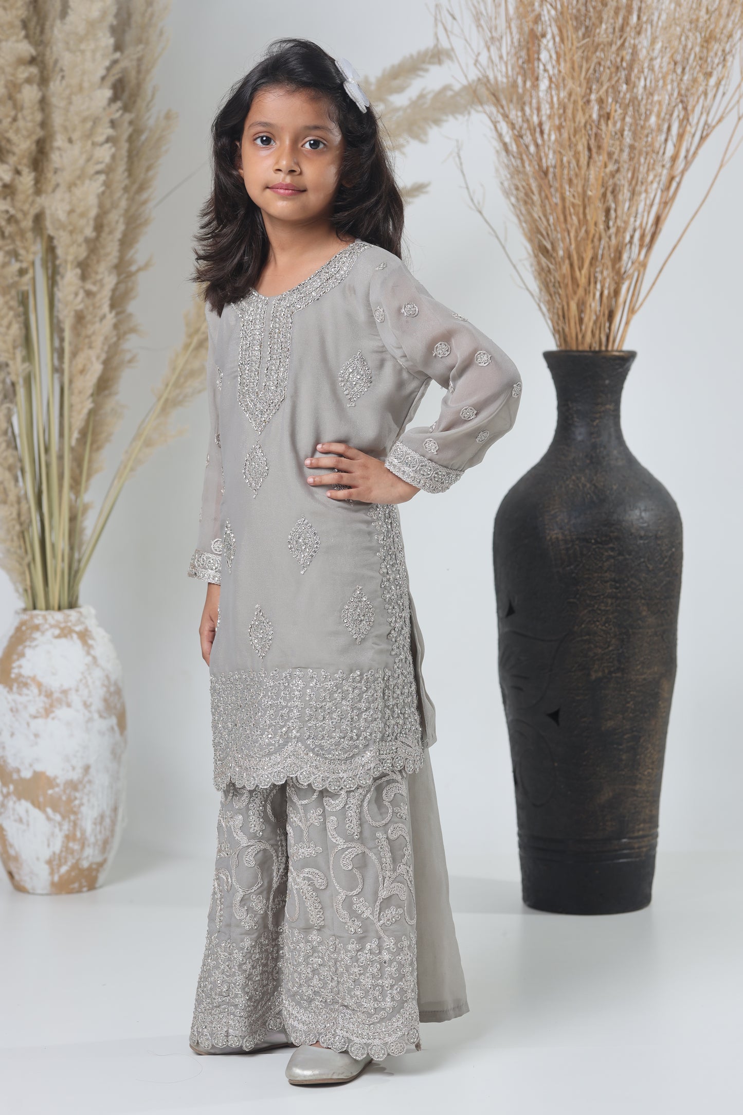 Grey Pakistani Garara Suit for Girls