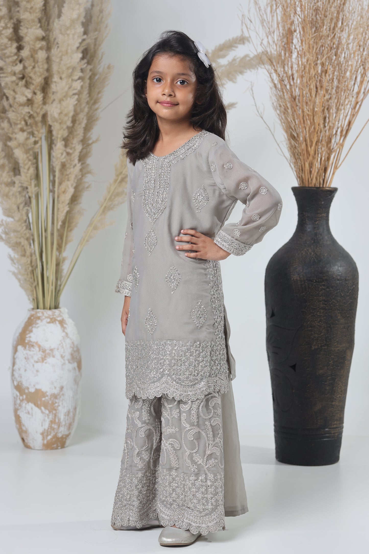 Grey Pakistani Garara Suit for Girls