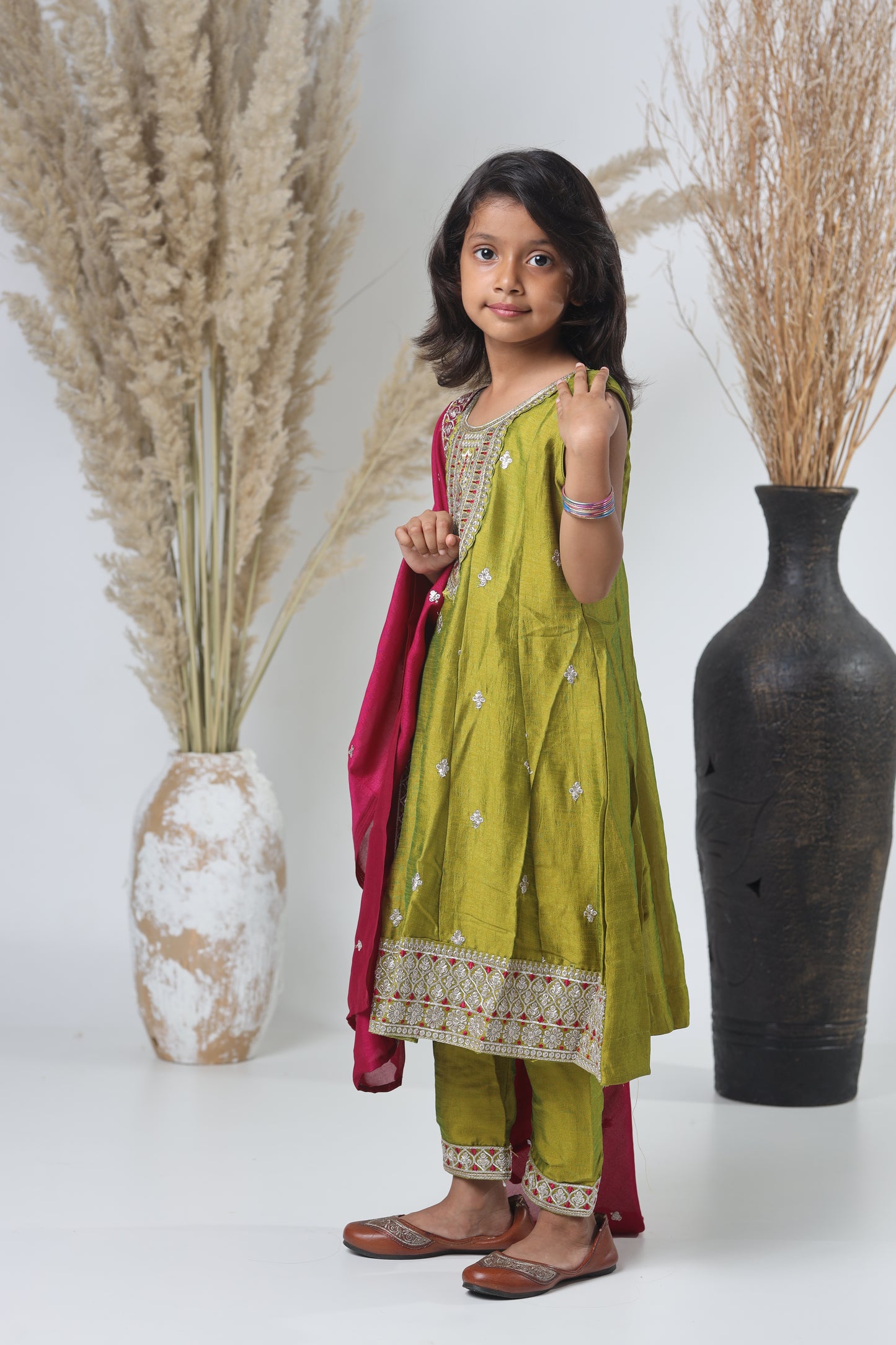 Mehendi Green Embroidered Three-Piece Suit for Girls