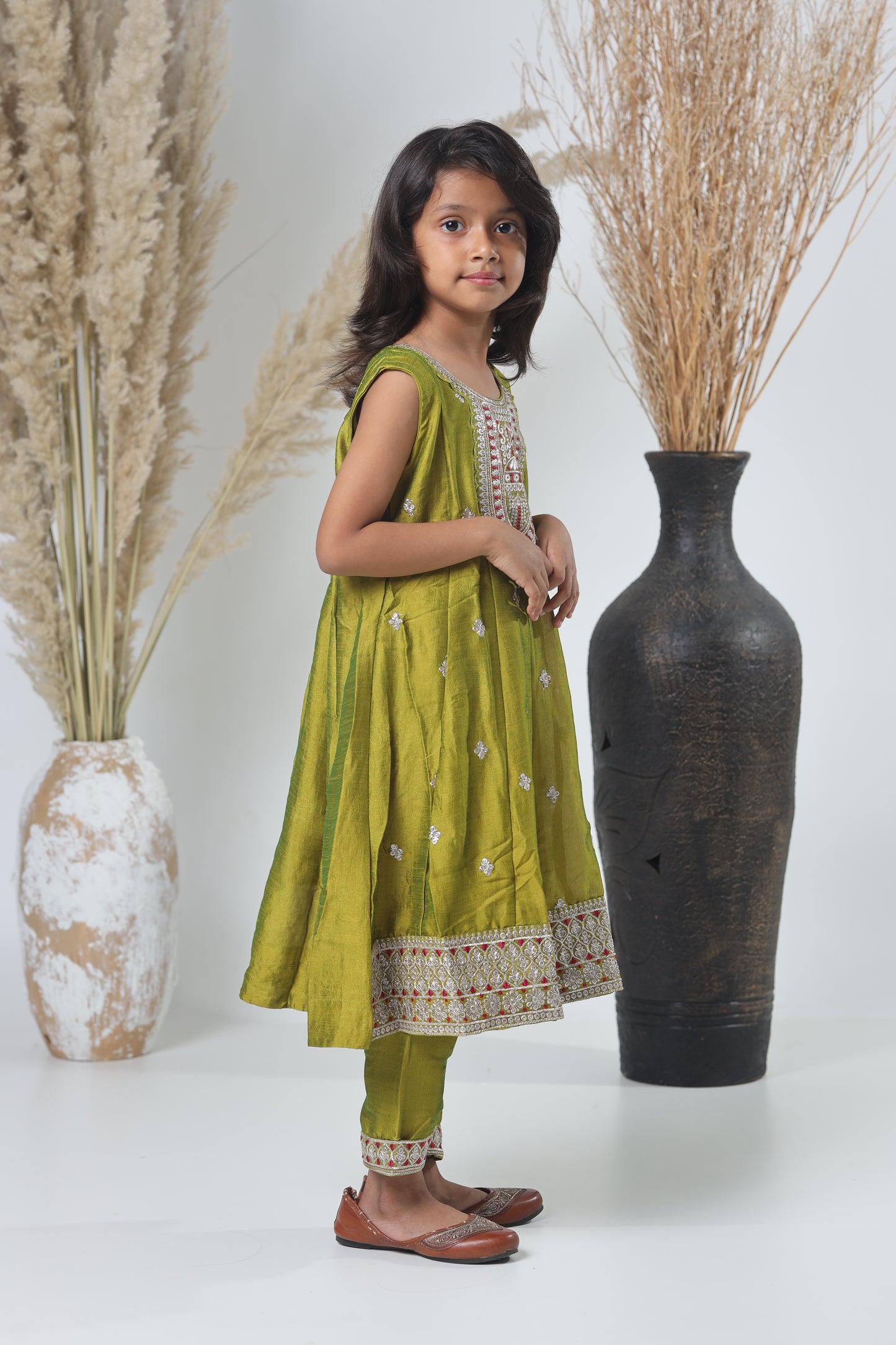 Mehendi Green Embroidered Three-Piece Suit for Girls