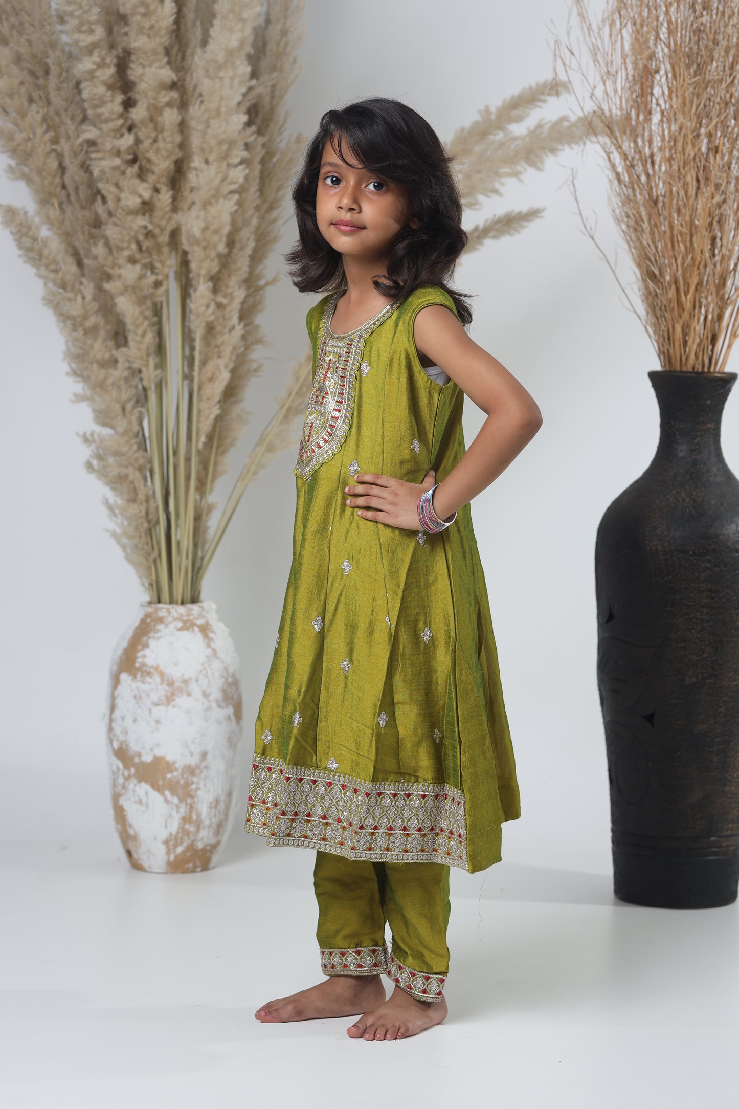 Mehendi Green Embroidered Three-Piece Suit for Girls