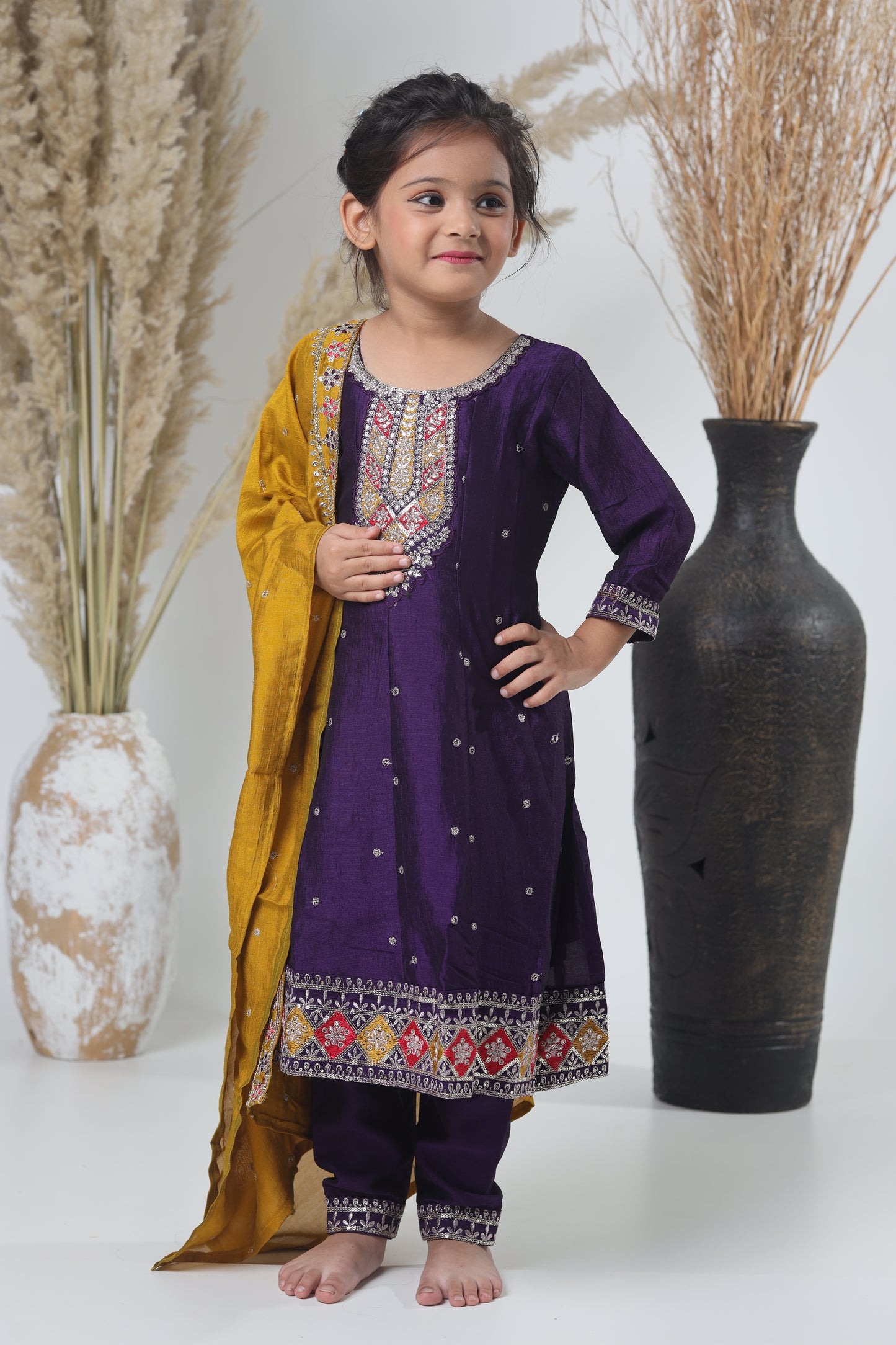 Yellow Mustard & Purple Embroidered Three-Piece Suit for Girls