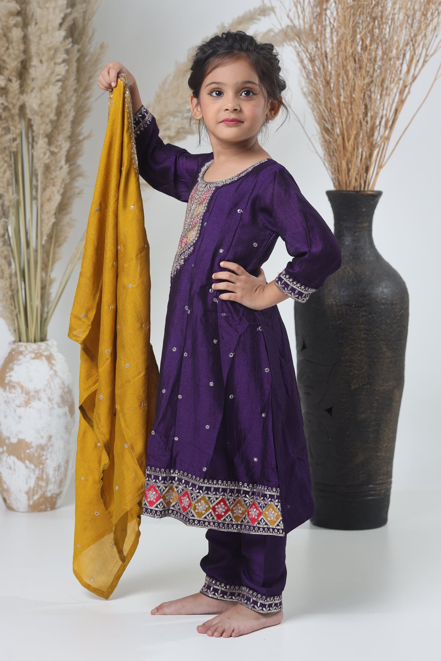 Yellow Mustard & Purple Embroidered Three-Piece Suit for Girls