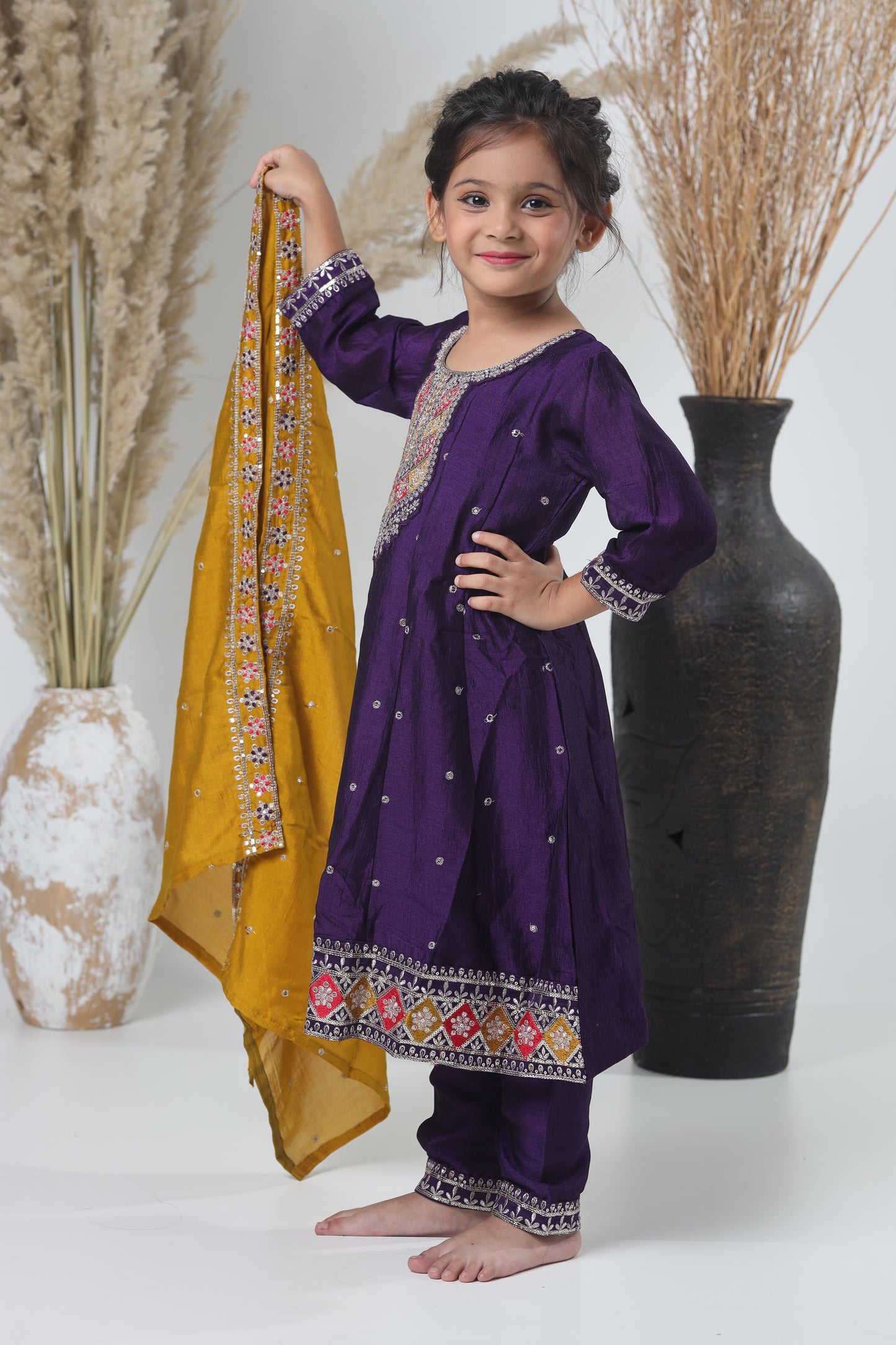 Yellow Mustard & Purple Embroidered Three-Piece Suit for Girls