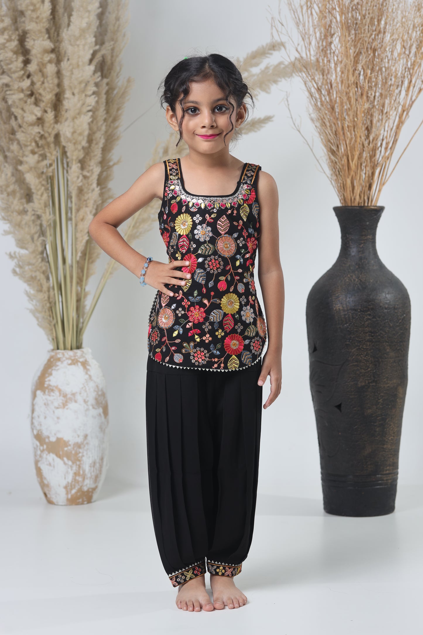 Kids Hand Work Sharara Set – Black & Multicolor Embroidery