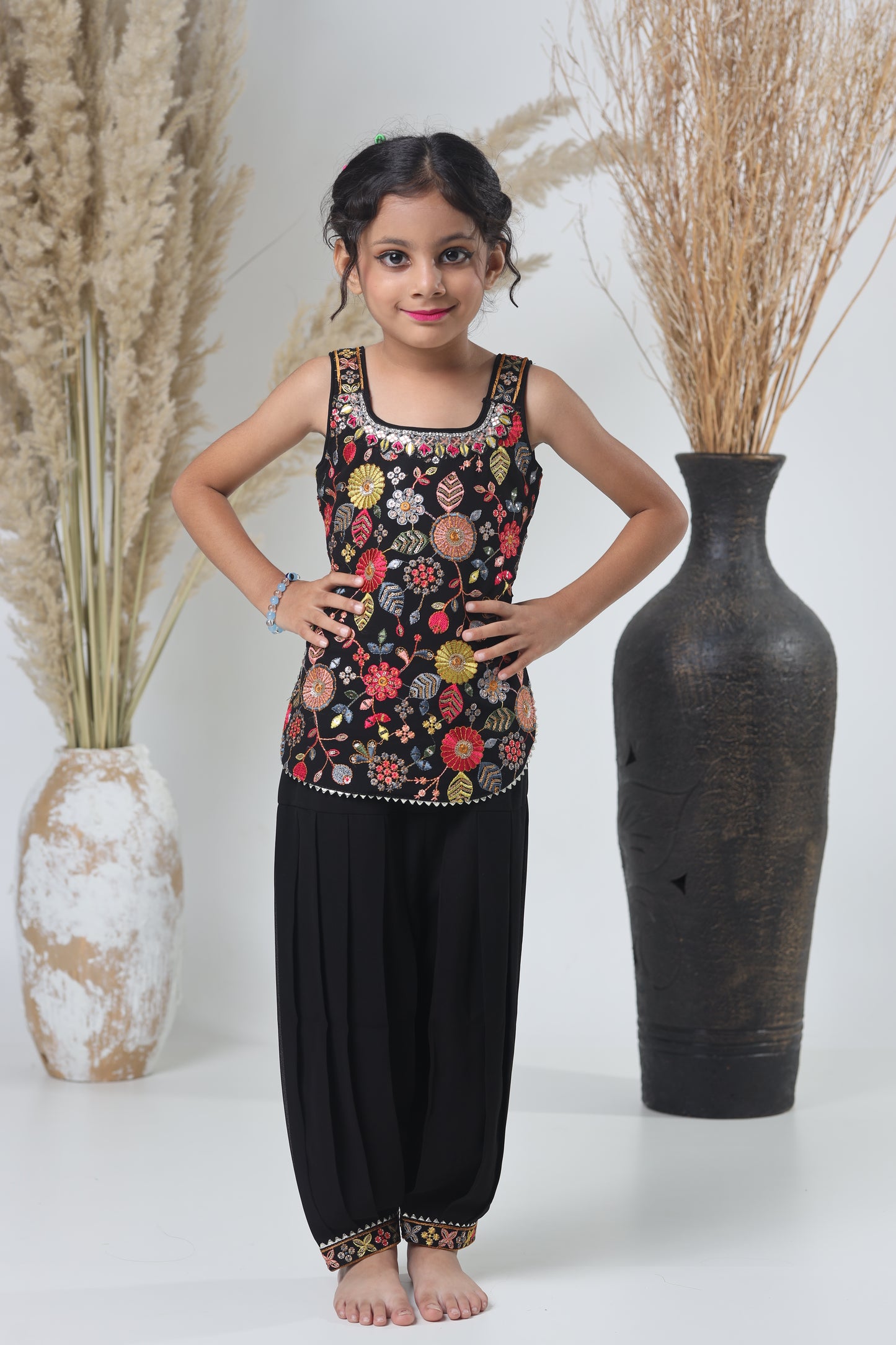 Kids Hand Work Sharara Set – Black & Multicolor Embroidery
