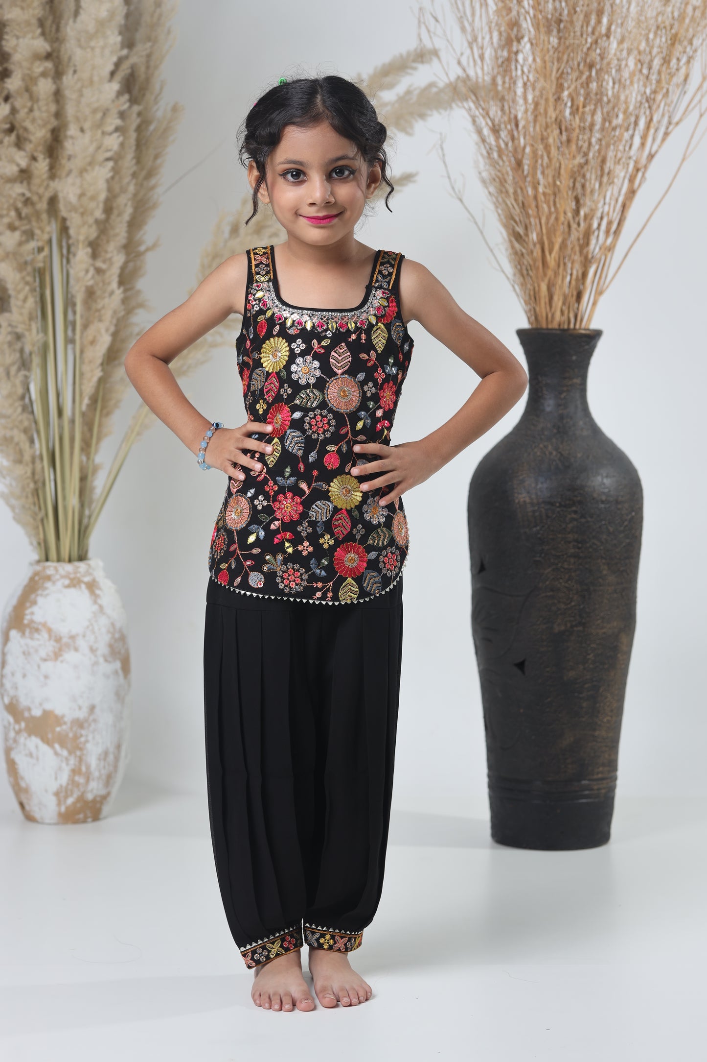 Kids Hand Work Sharara Set – Black & Multicolor Embroidery