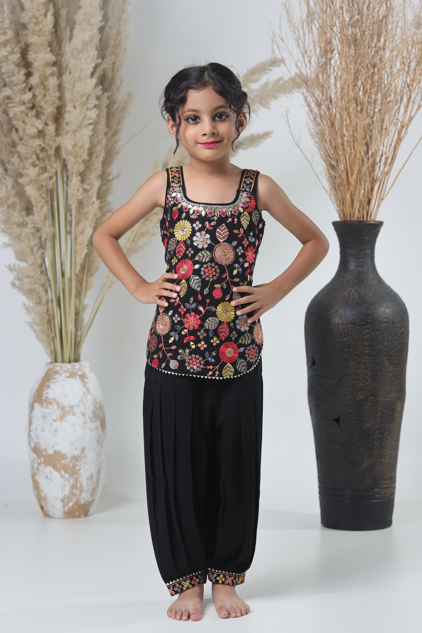 Kids Hand Work Sharara Set – Black & Multicolor Embroidery