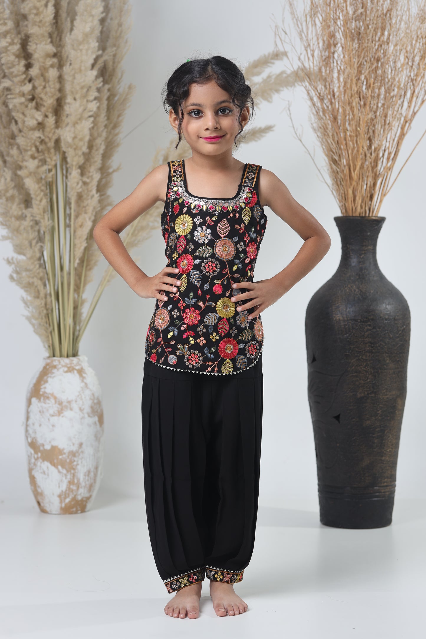 Kids Hand Work Sharara Set – Black & Multicolor Embroidery