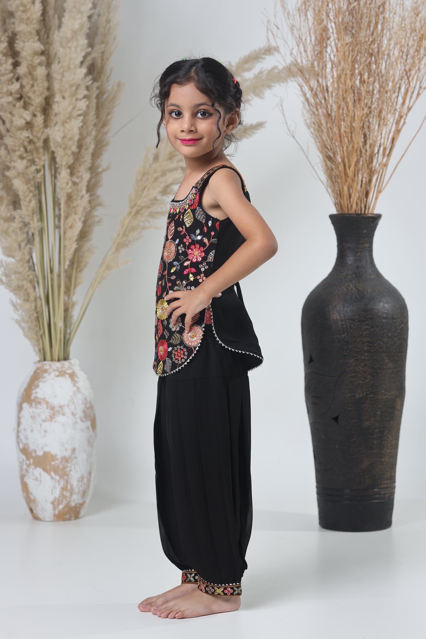 Kids Hand Work Sharara Set – Black & Multicolor Embroidery