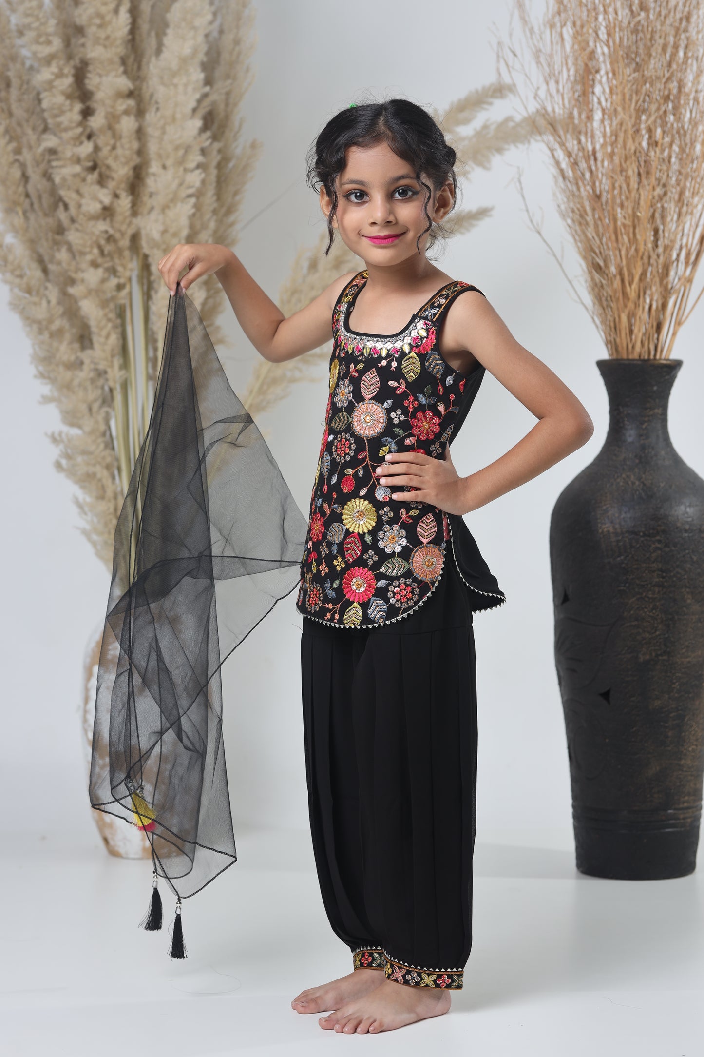 Kids Hand Work Sharara Set – Black & Multicolor Embroidery