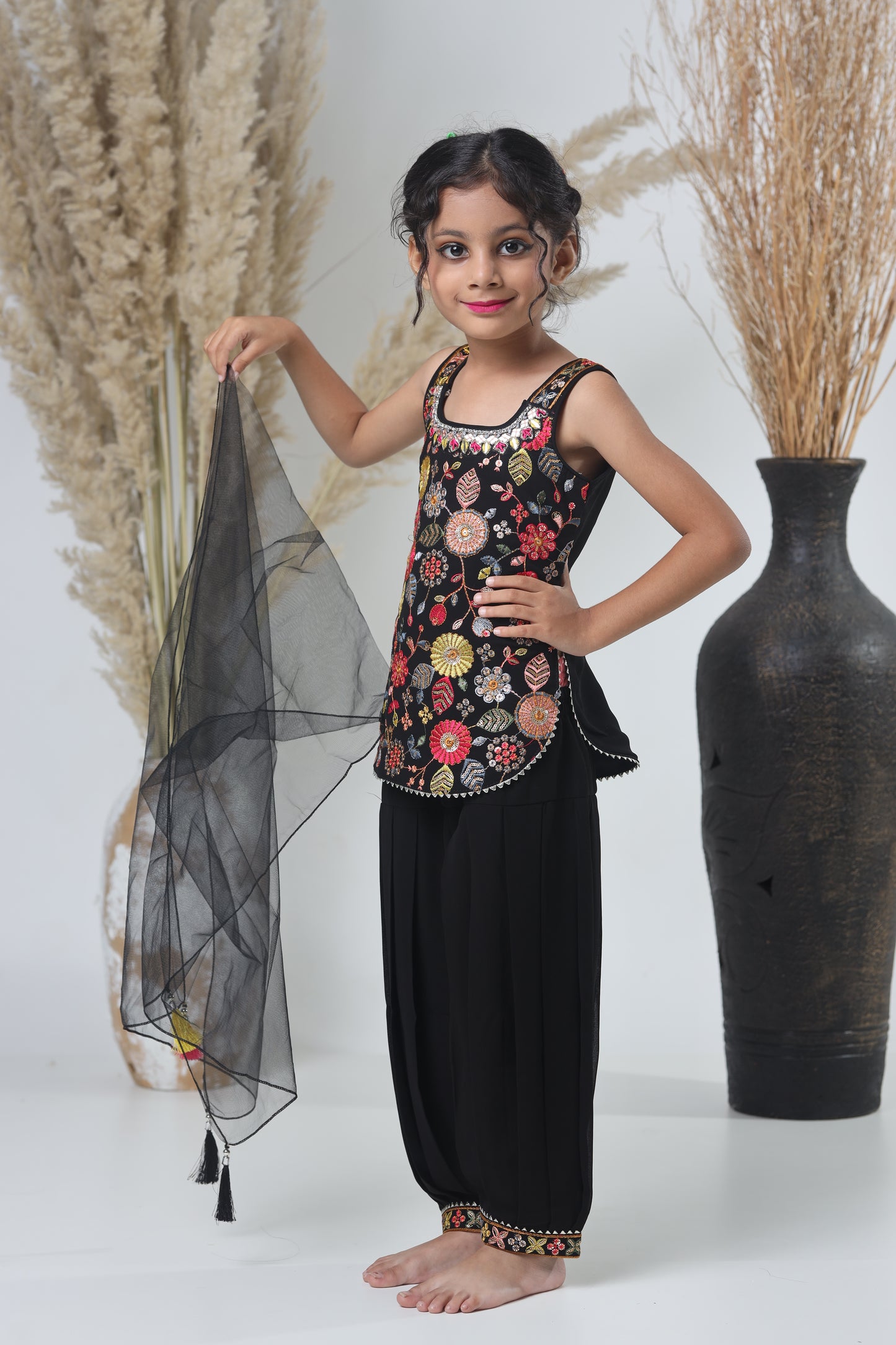 Kids Hand Work Sharara Set – Black & Multicolor Embroidery