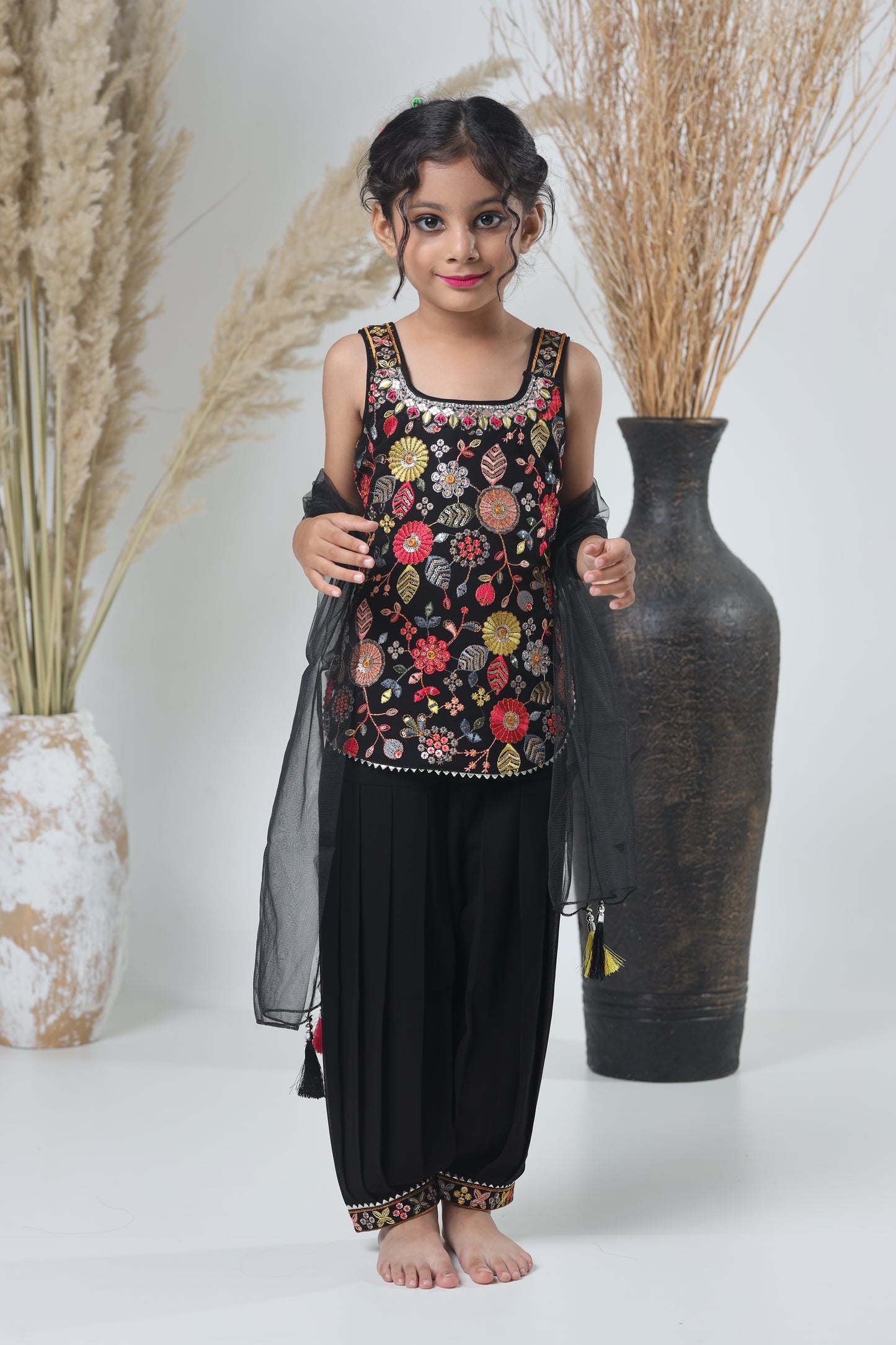 Kids Hand Work Sharara Set – Black & Multicolor Embroidery