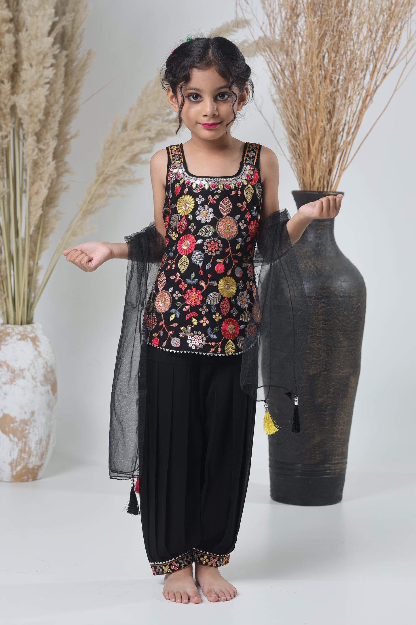 Kids Hand Work Sharara Set – Black & Multicolor Embroidery