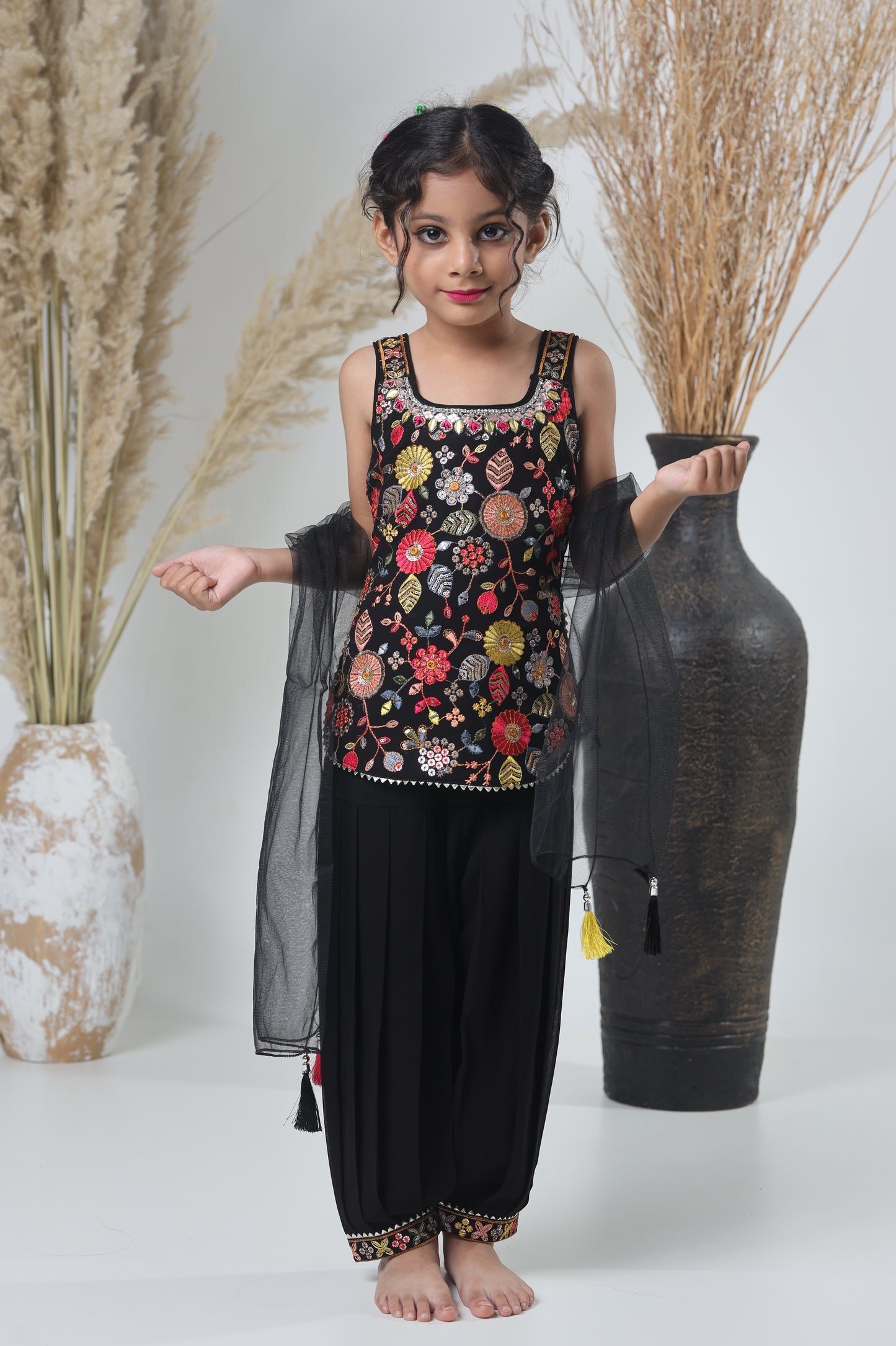 Kids Hand Work Sharara Set – Black & Multicolor Embroidery