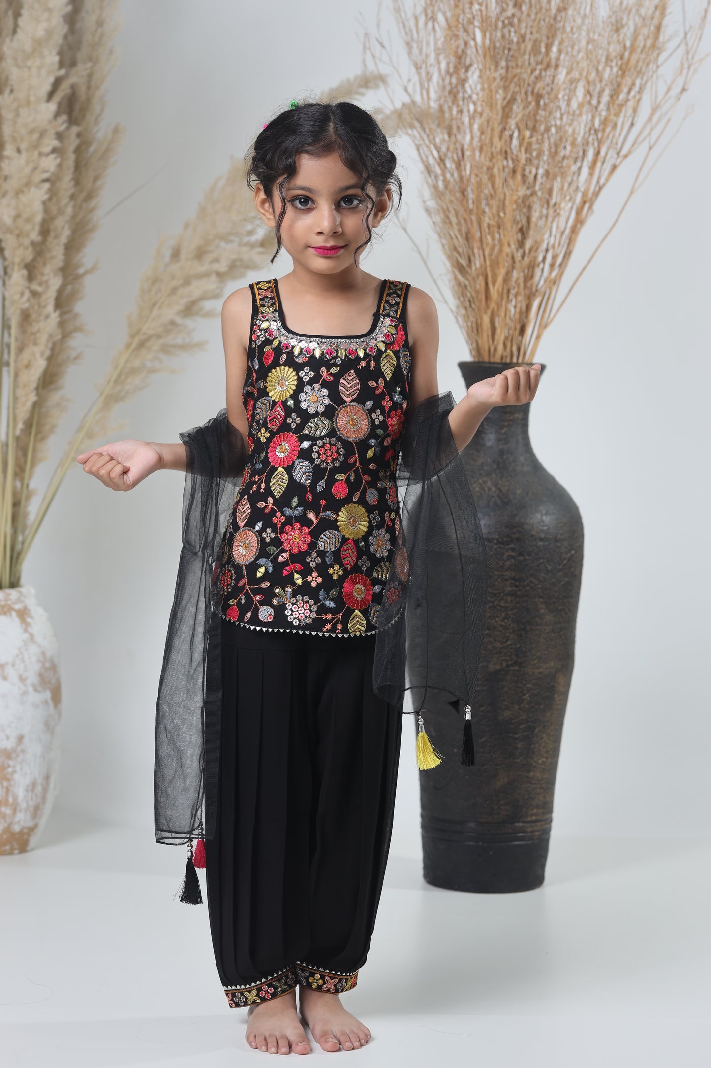 Kids Hand Work Sharara Set – Black & Multicolor Embroidery