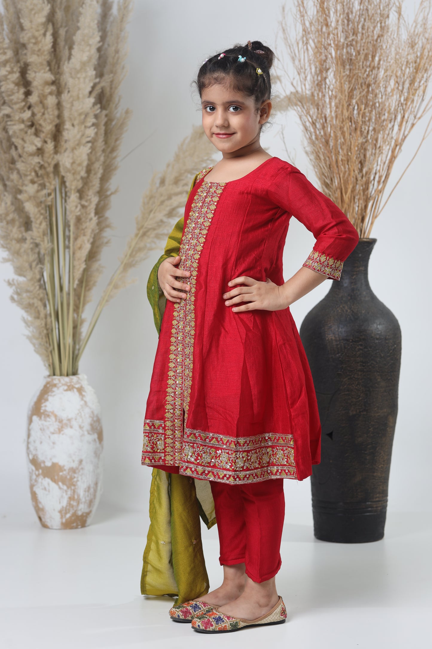 Mehroon & Green Embroidered A-Line Three-Piece Suit for Girls