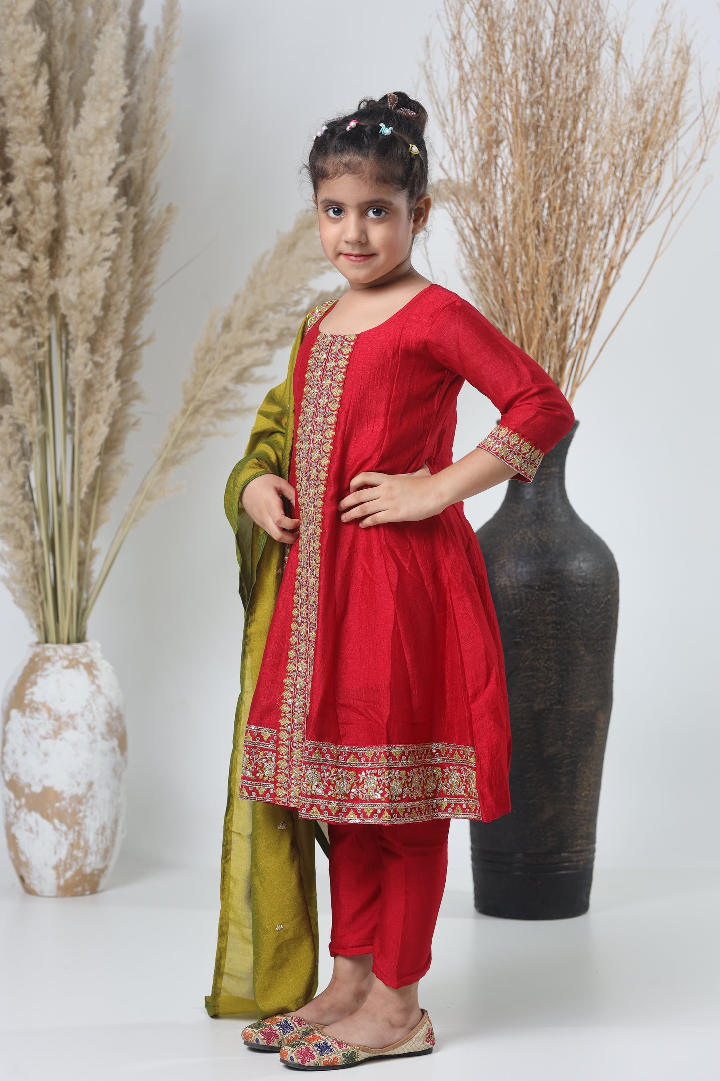 Mehroon & Green Embroidered A-Line Three-Piece Suit for Girls