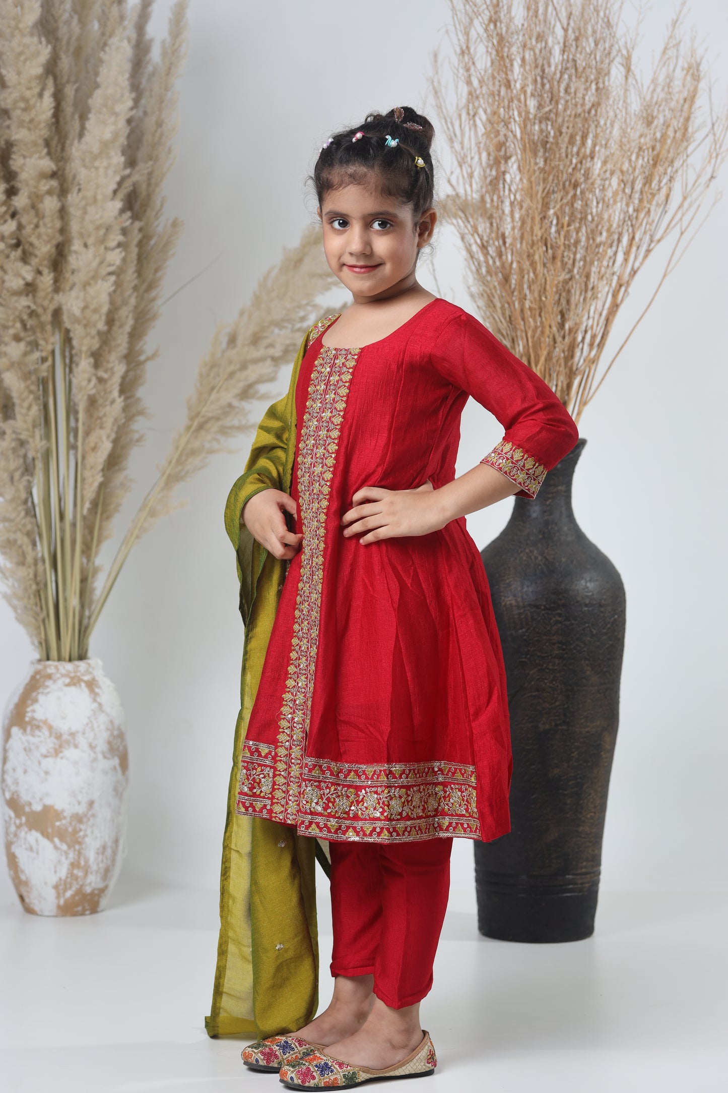 Mehroon & Green Embroidered A-Line Three-Piece Suit for Girls