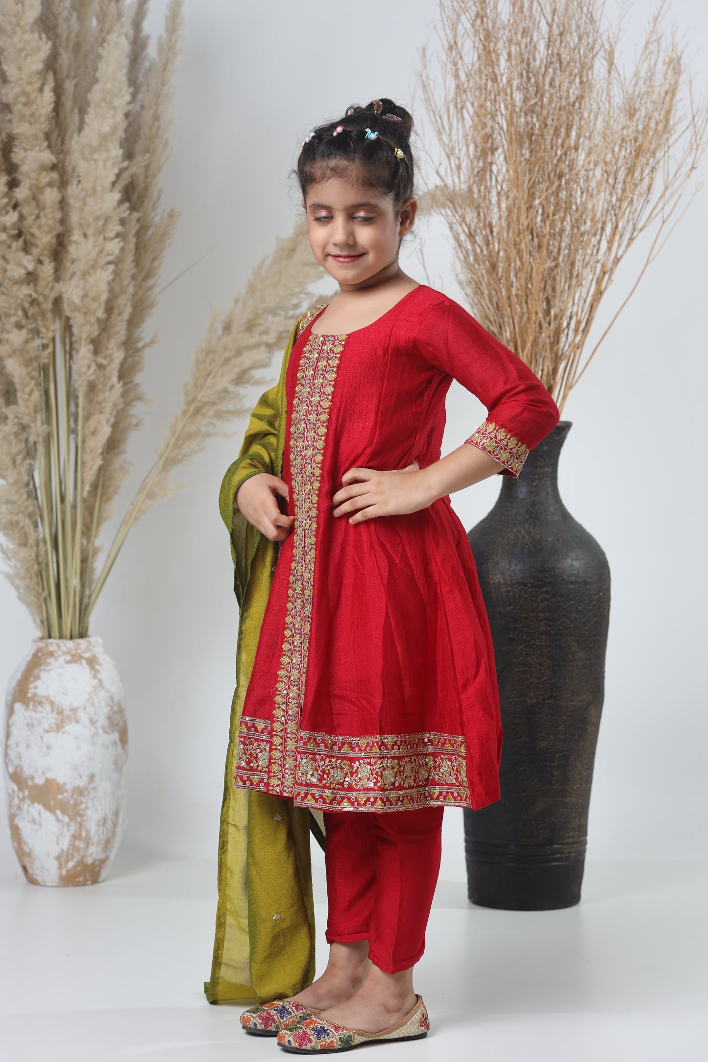 Mehroon & Green Embroidered A-Line Three-Piece Suit for Girls
