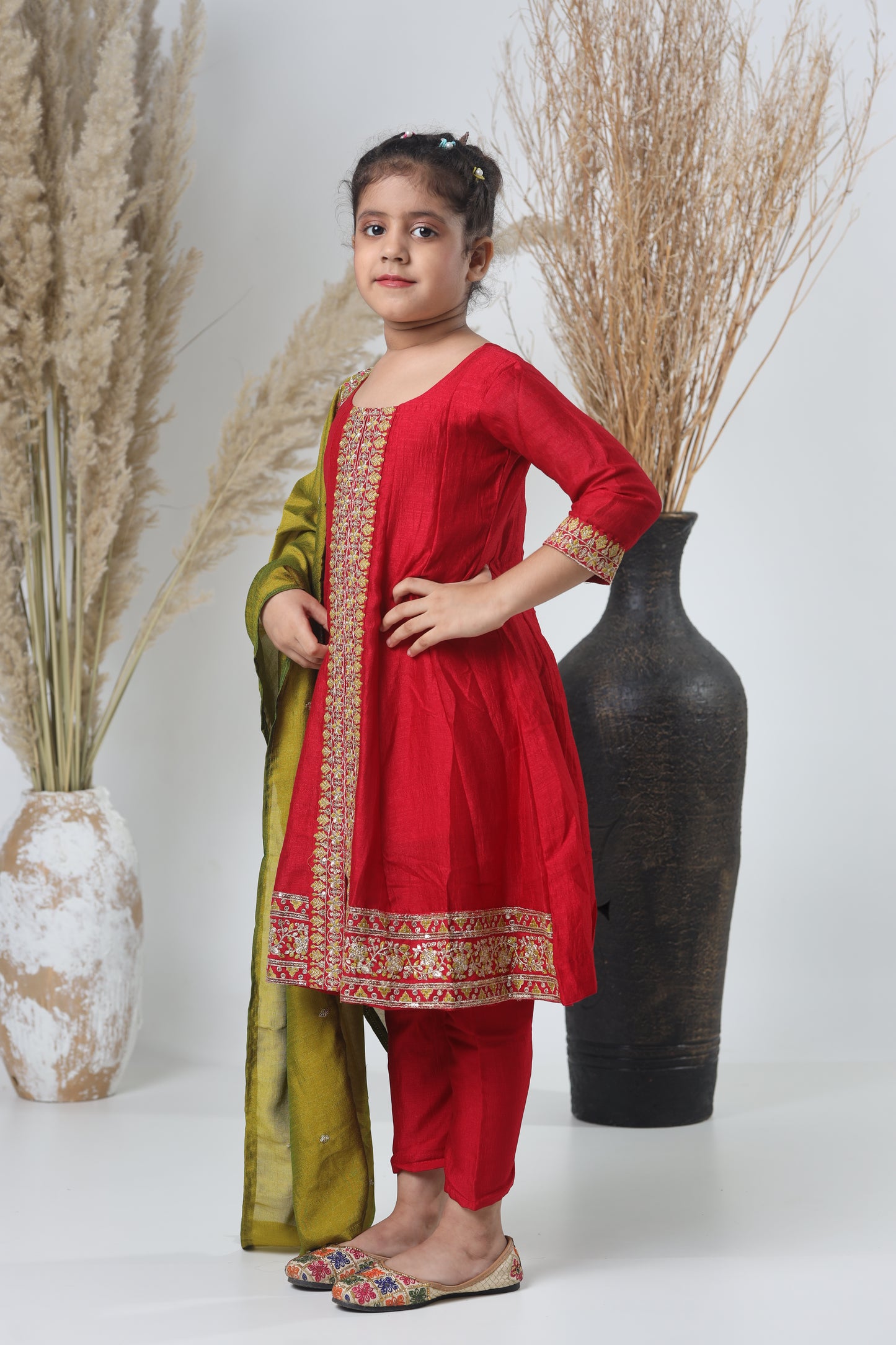 Mehroon & Green Embroidered A-Line Three-Piece Suit for Girls