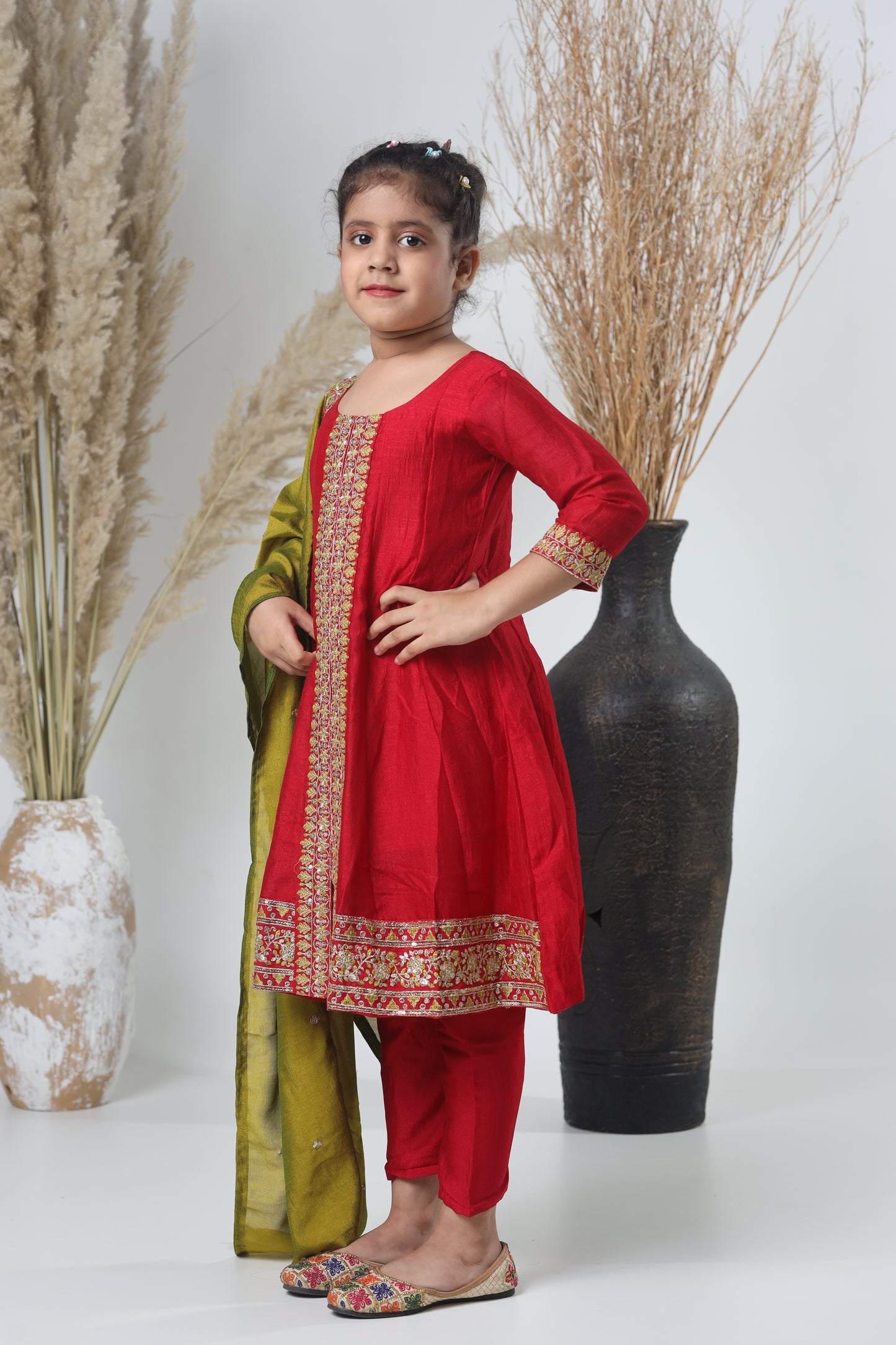 Mehroon & Green Embroidered A-Line Three-Piece Suit for Girls