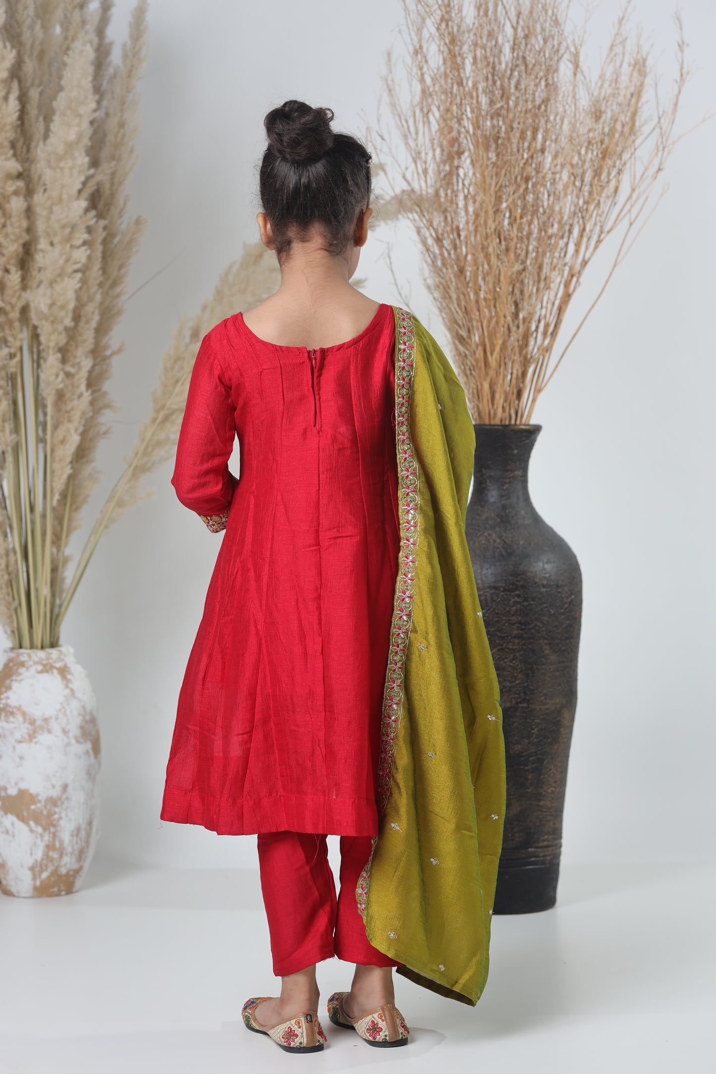 Mehroon & Green Embroidered A-Line Three-Piece Suit for Girls