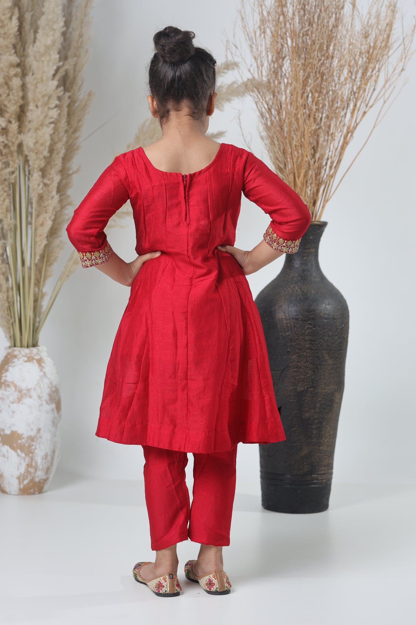 Mehroon & Green Embroidered A-Line Three-Piece Suit for Girls