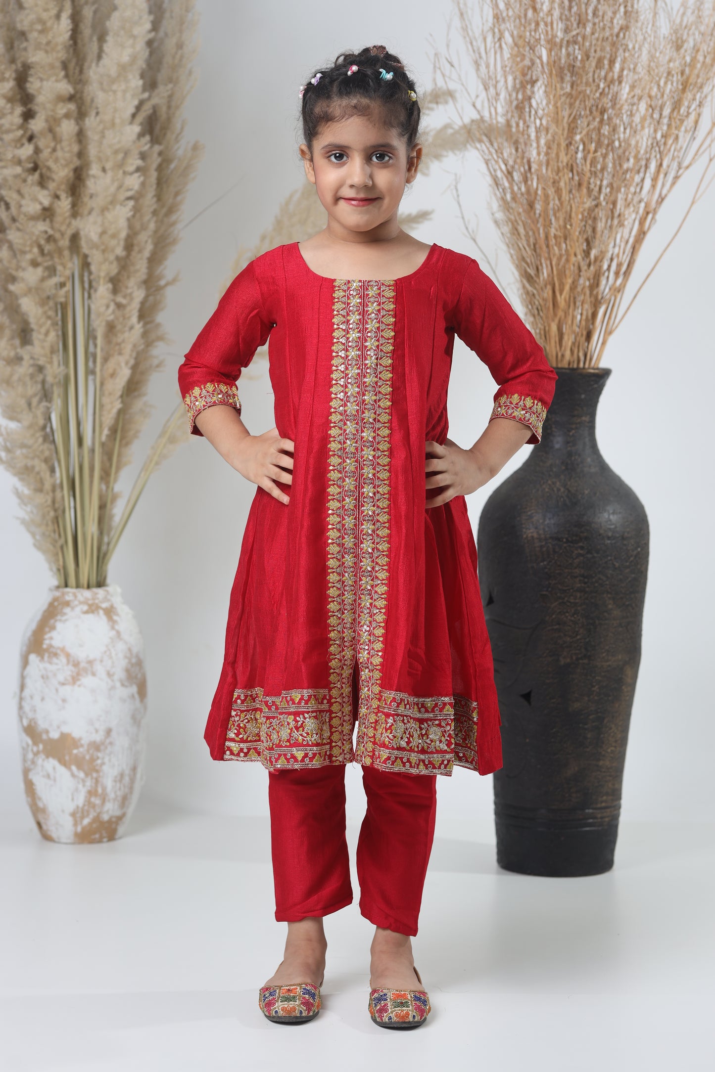Mehroon & Green Embroidered A-Line Three-Piece Suit for Girls