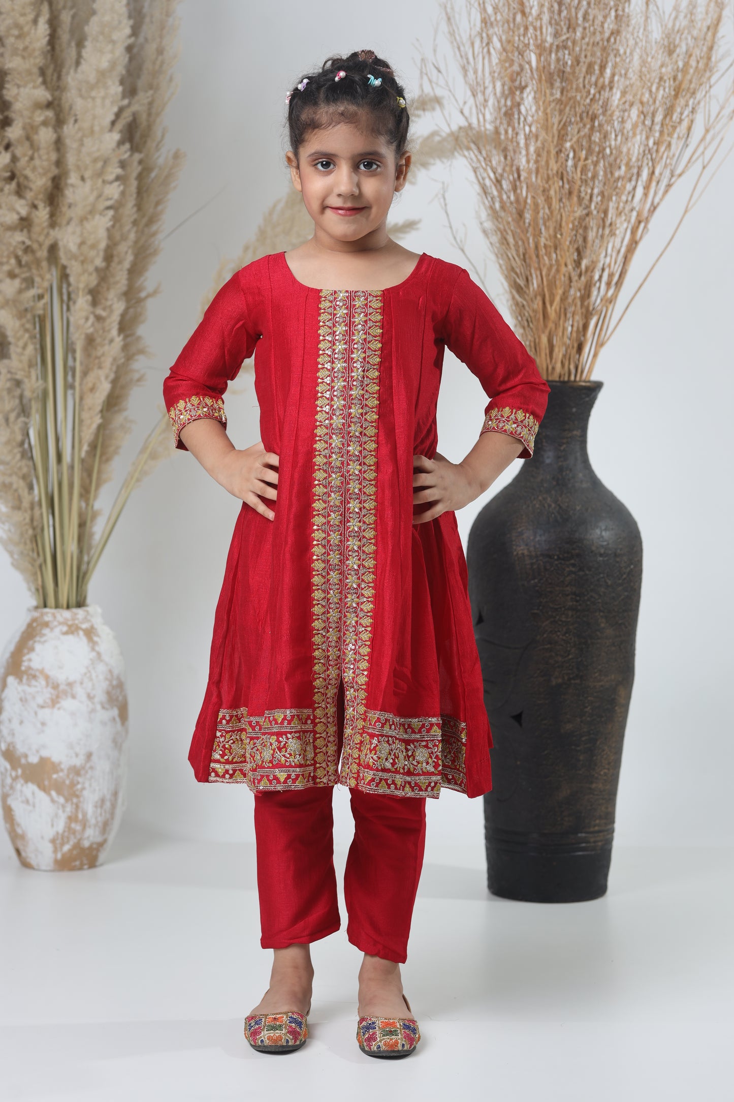 Mehroon & Green Embroidered A-Line Three-Piece Suit for Girls