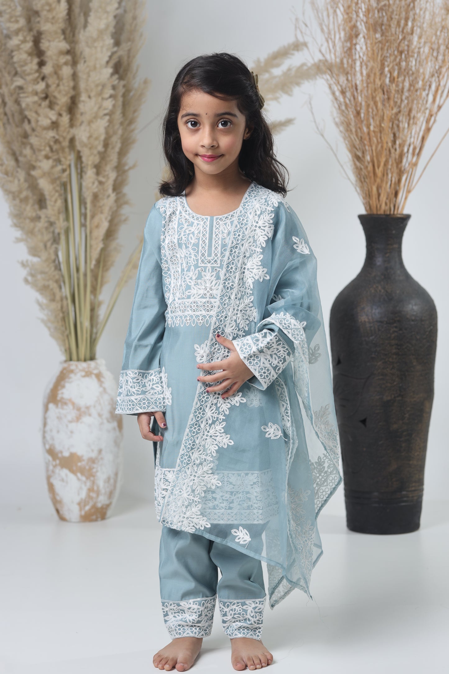 Kids Hand Work Three Piece Suit – Light Gray with White Embroidery