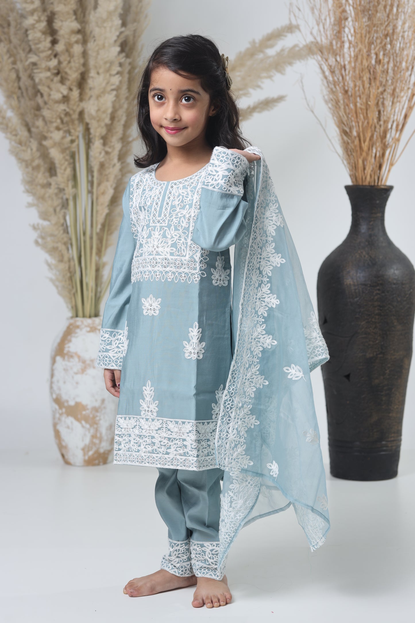 Kids Hand Work Three Piece Suit – Light Gray with White Embroidery