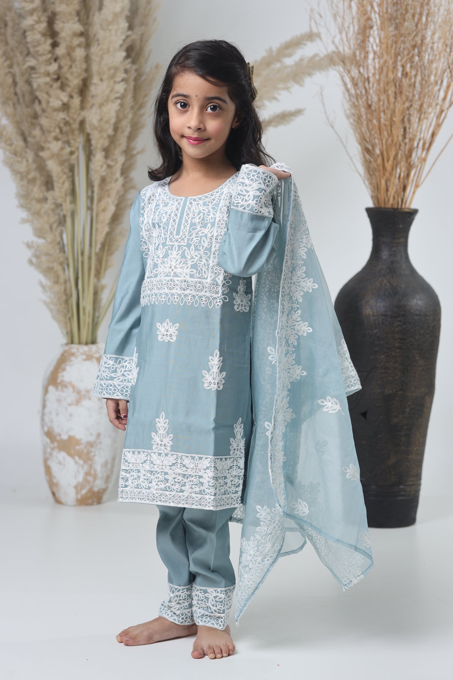 Kids Hand Work Three Piece Suit – Light Gray with White Embroidery