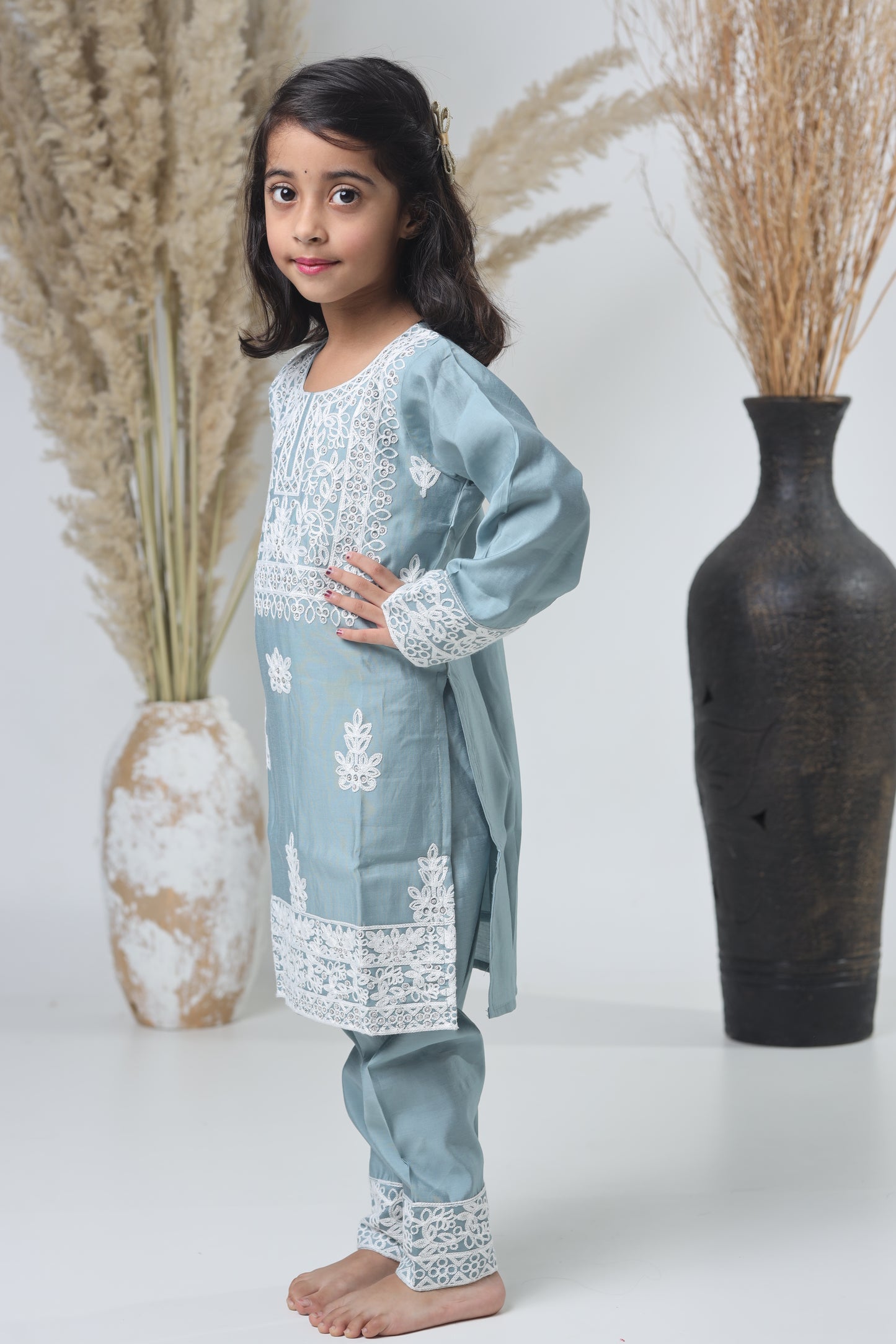 Kids Hand Work Three Piece Suit – Light Gray with White Embroidery