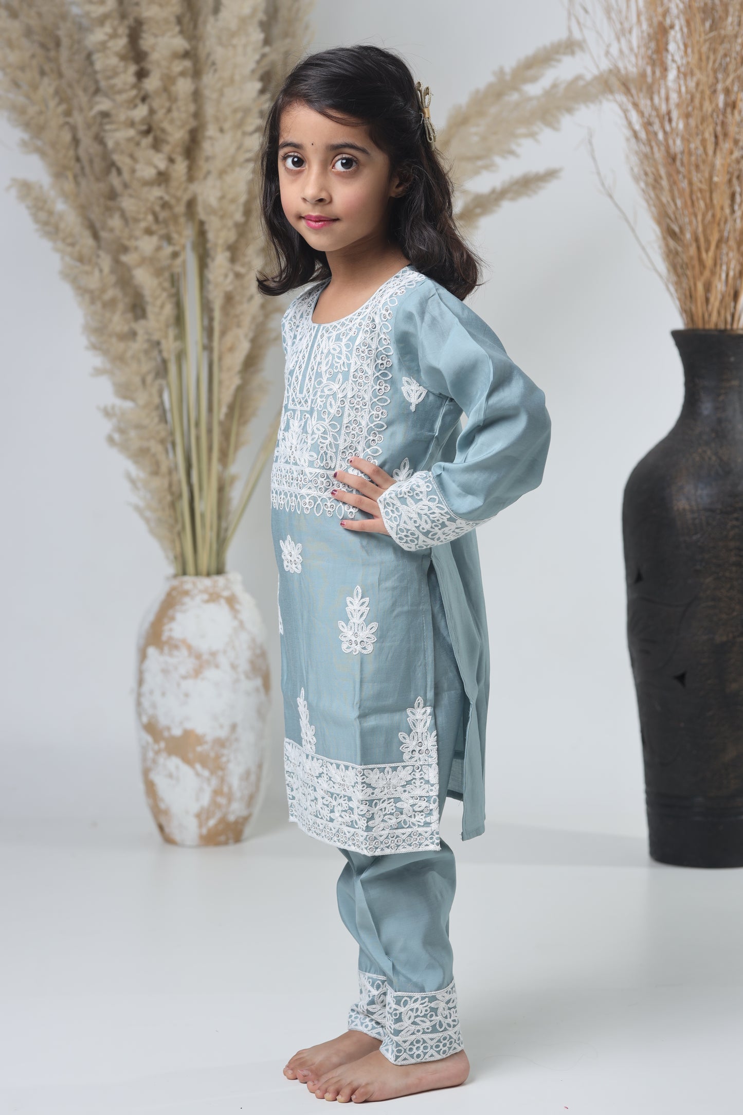 Kids Hand Work Three Piece Suit – Light Gray with White Embroidery