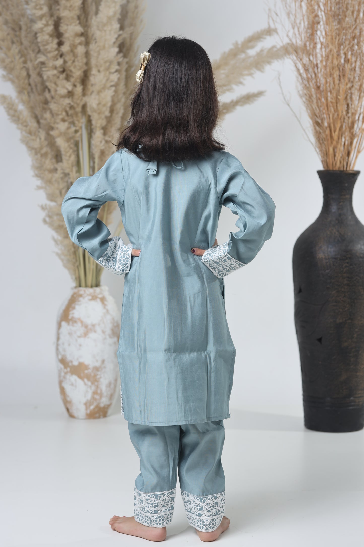 Kids Hand Work Three Piece Suit – Light Gray with White Embroidery
