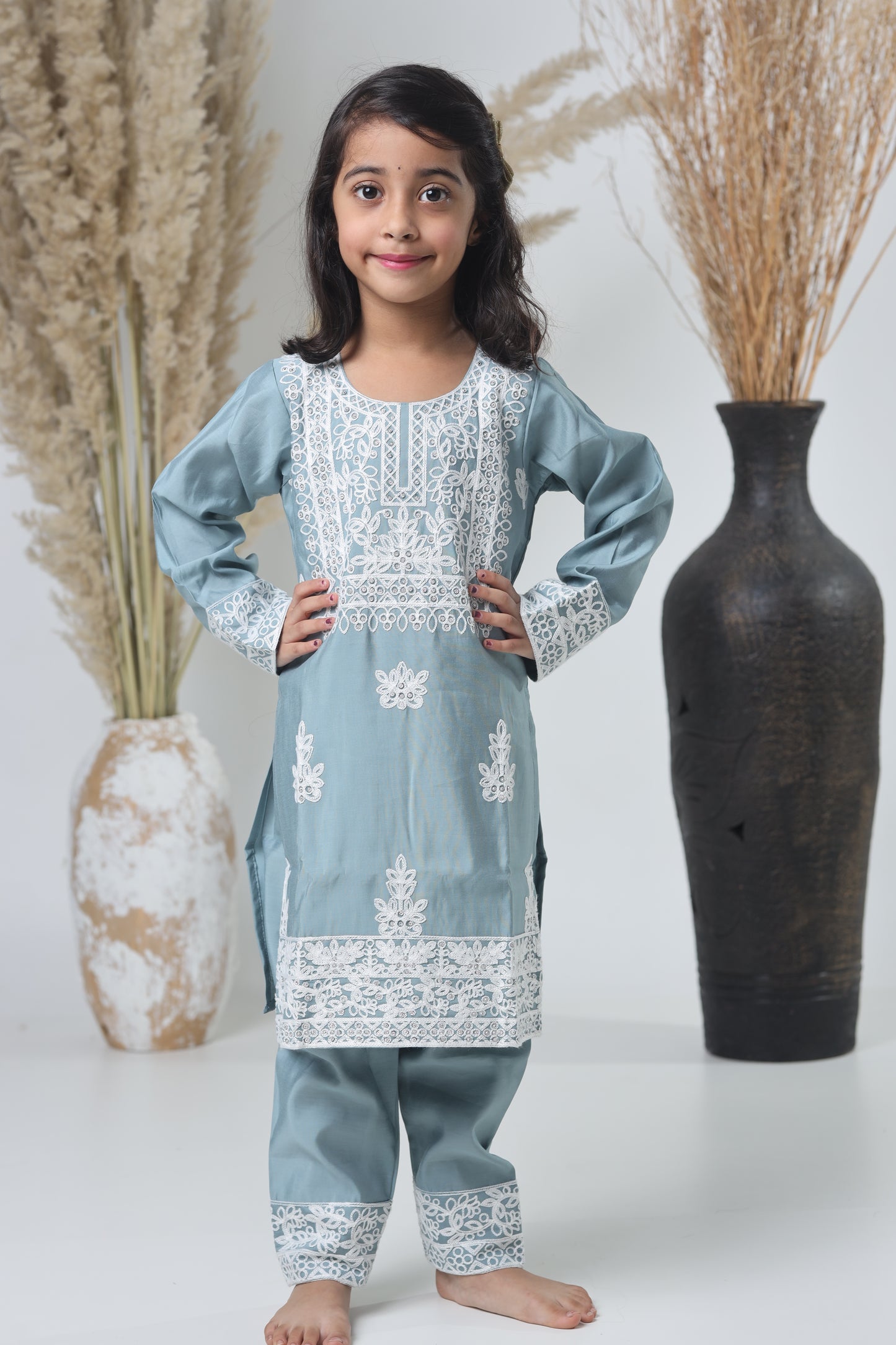 Kids Hand Work Three Piece Suit – Light Gray with White Embroidery