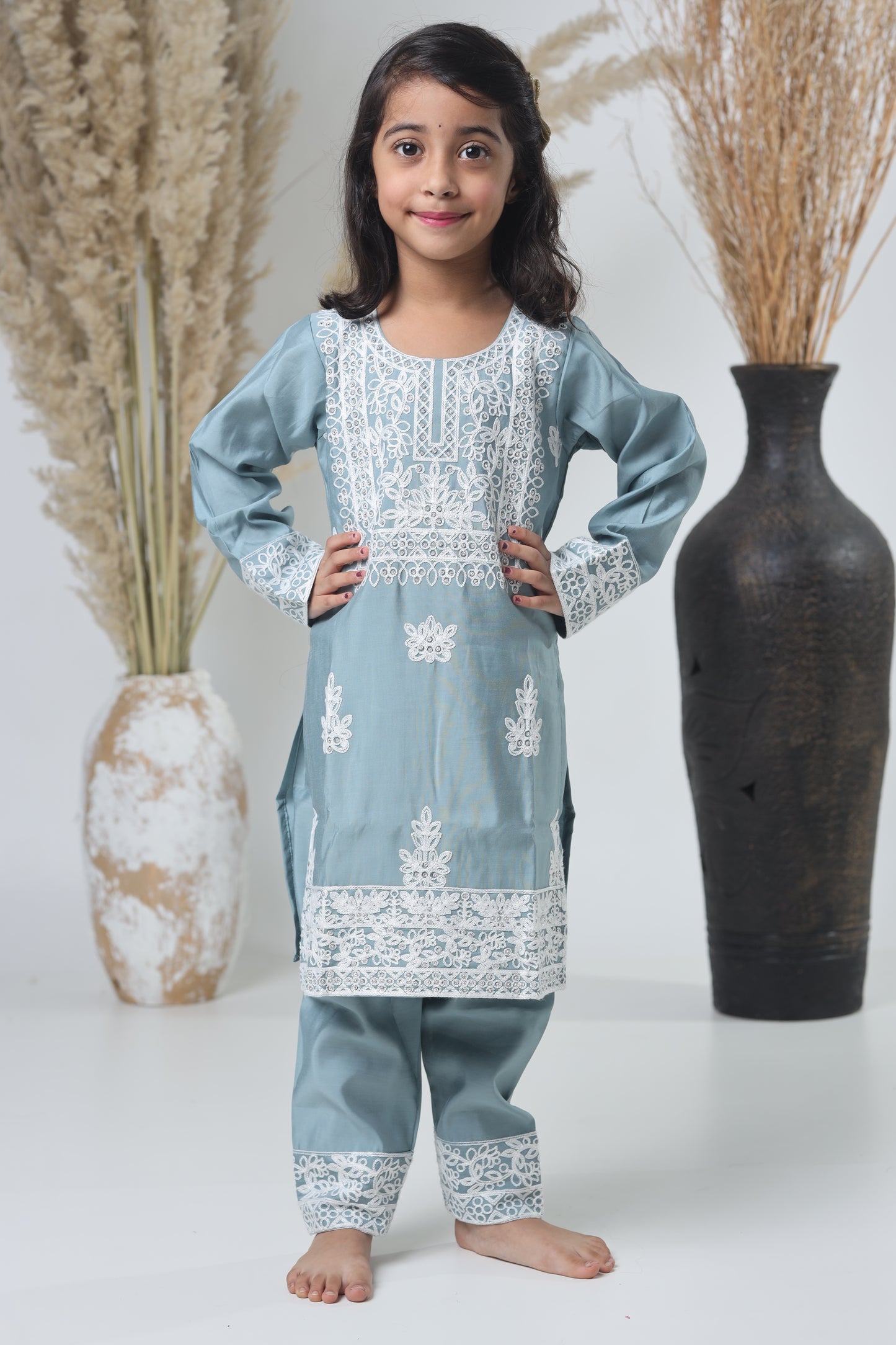 Kids Hand Work Three Piece Suit – Light Gray with White Embroidery