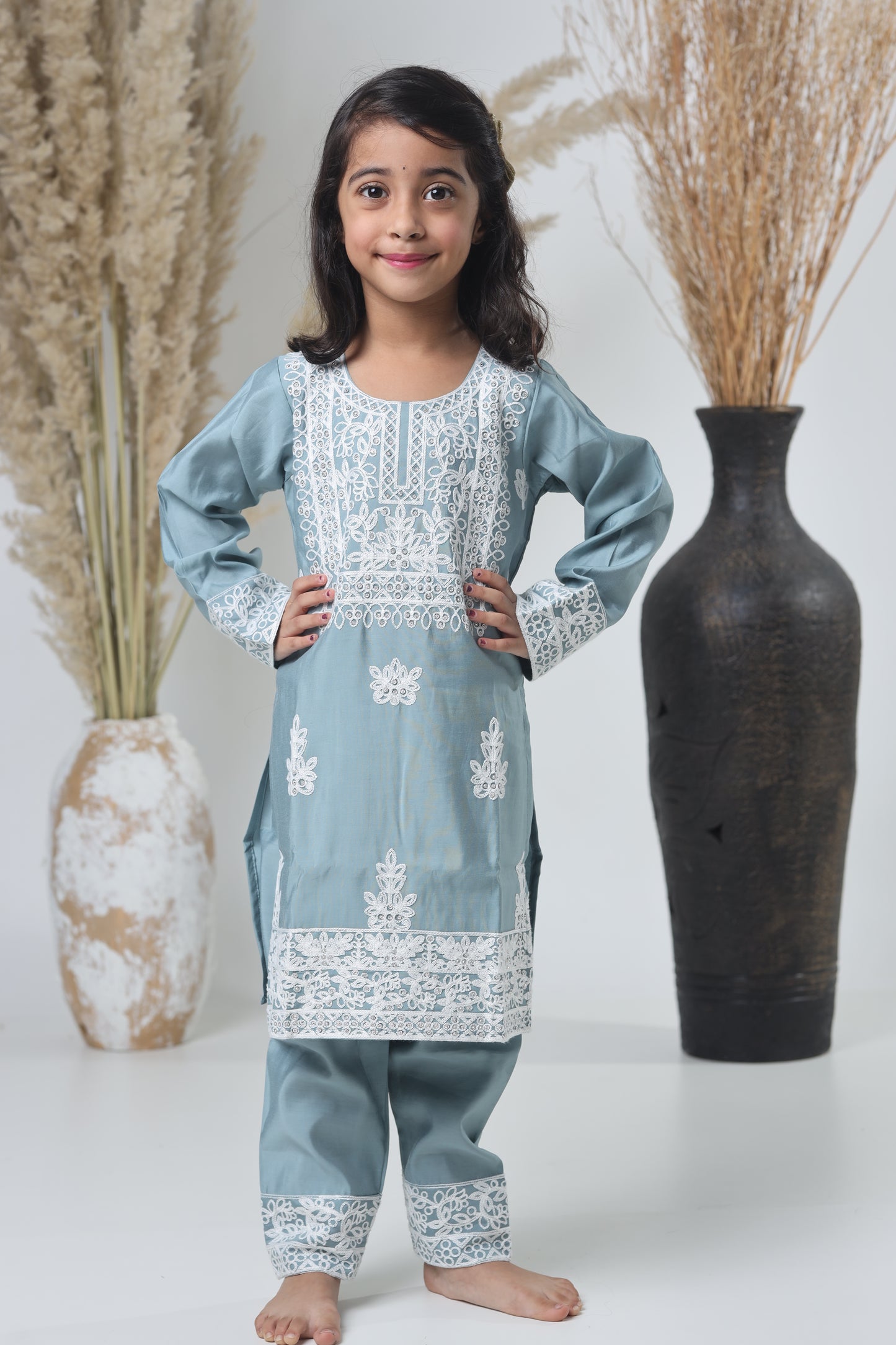 Kids Hand Work Three Piece Suit – Light Gray with White Embroidery