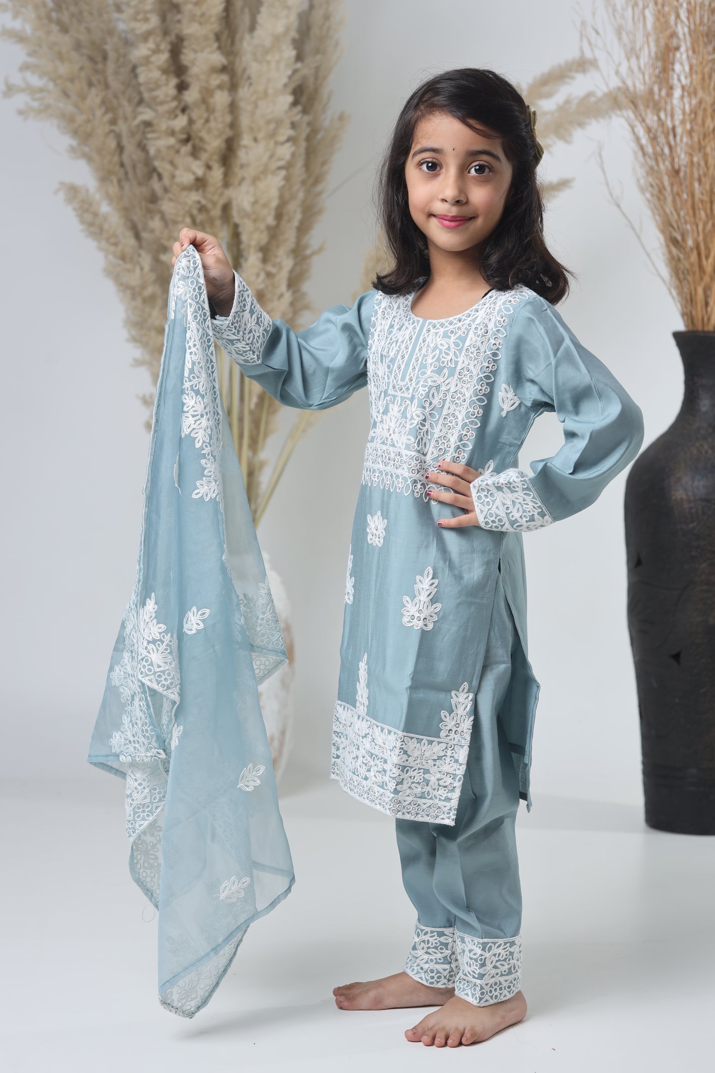 Kids Hand Work Three Piece Suit – Light Gray with White Embroidery