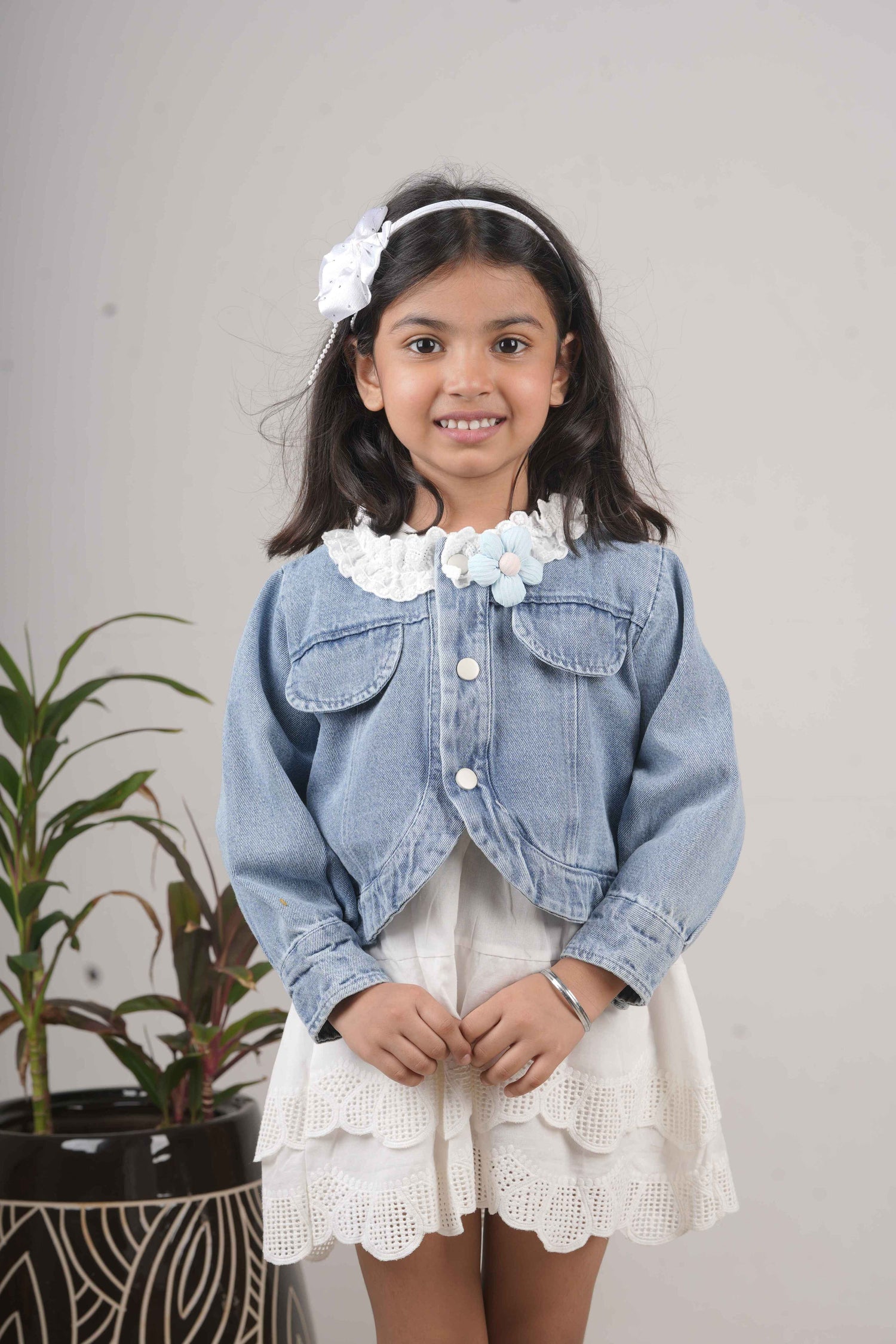 White Frock & Denim Jacket