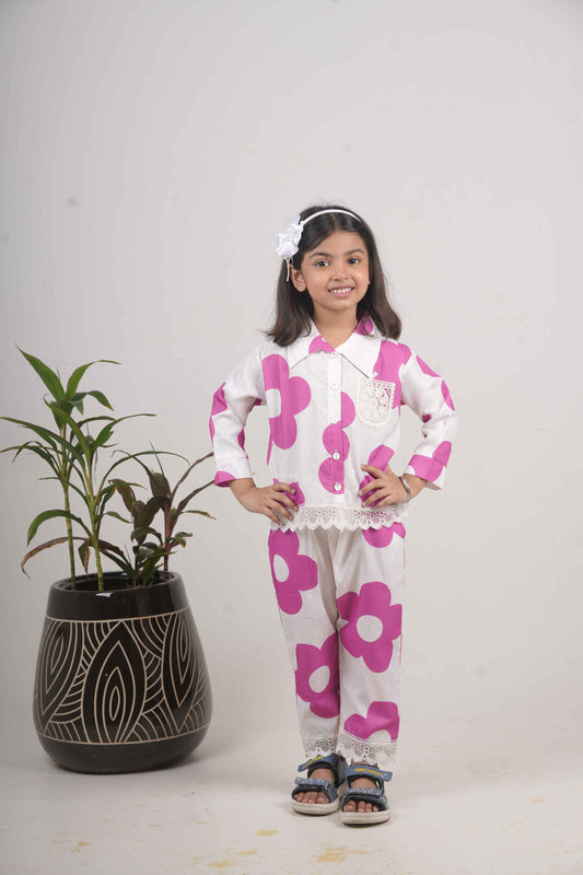 Girls Pink Floral Print Cotton Cord Set