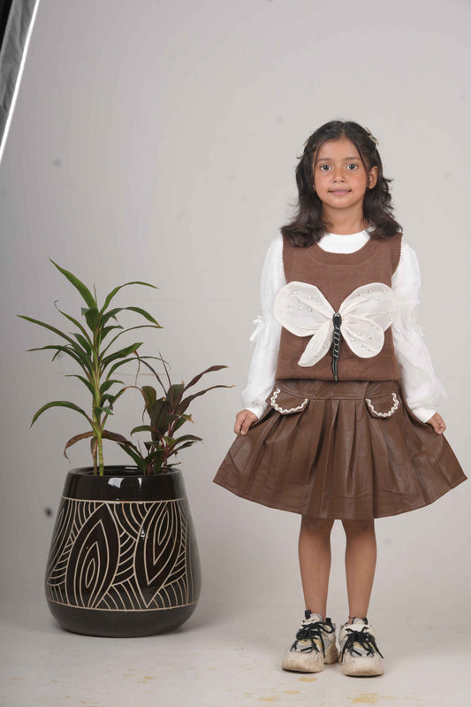 Girls' Leather Skirt & Top Set - Dark Brown