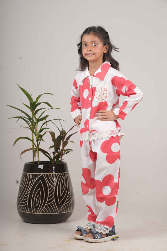 Girls Red Floral Print Cotton Cord Set