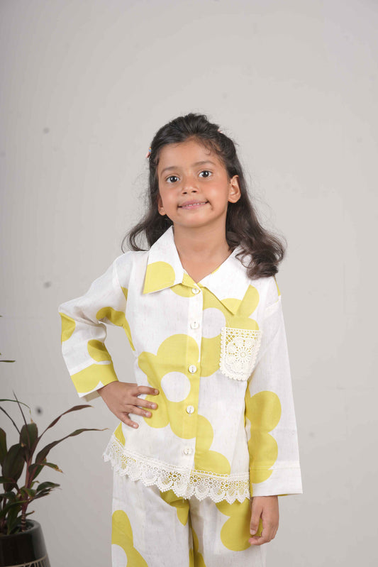 Girls Yellow Floral Print Cotton Cord Set